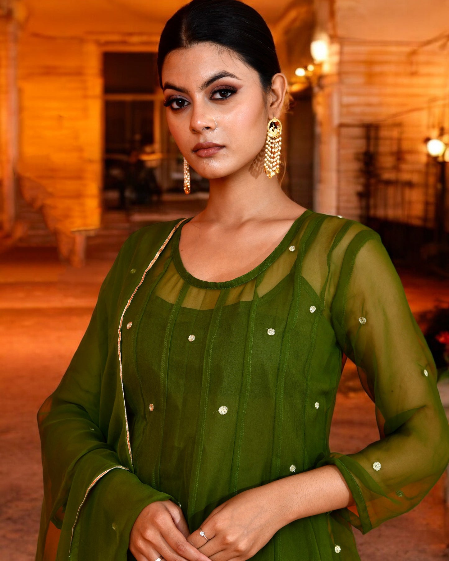 Olive Green Georgette Utsav Bannhi Mehendi Anarkali