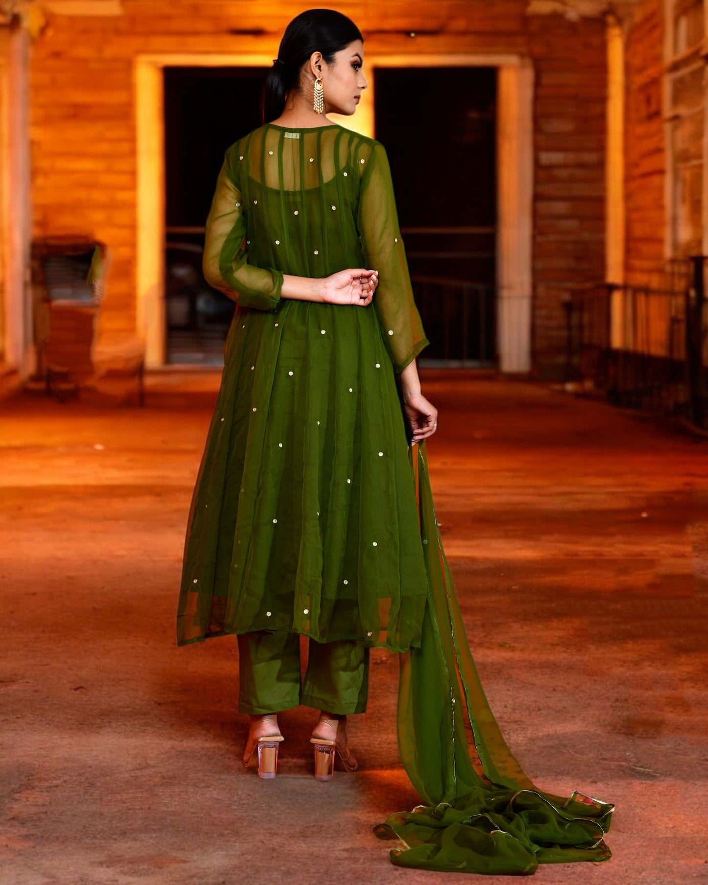 Olive Green Georgette Utsav Bannhi Mehendi Anarkali