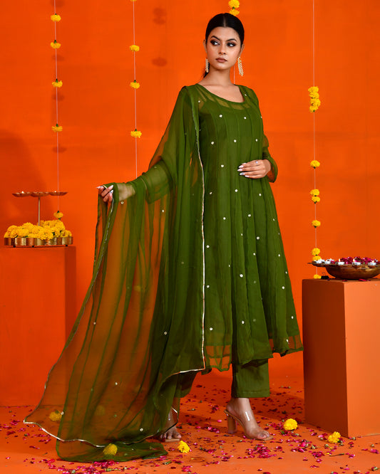 Olive Green Georgette Utsav Bannhi Mehendi Anarkali