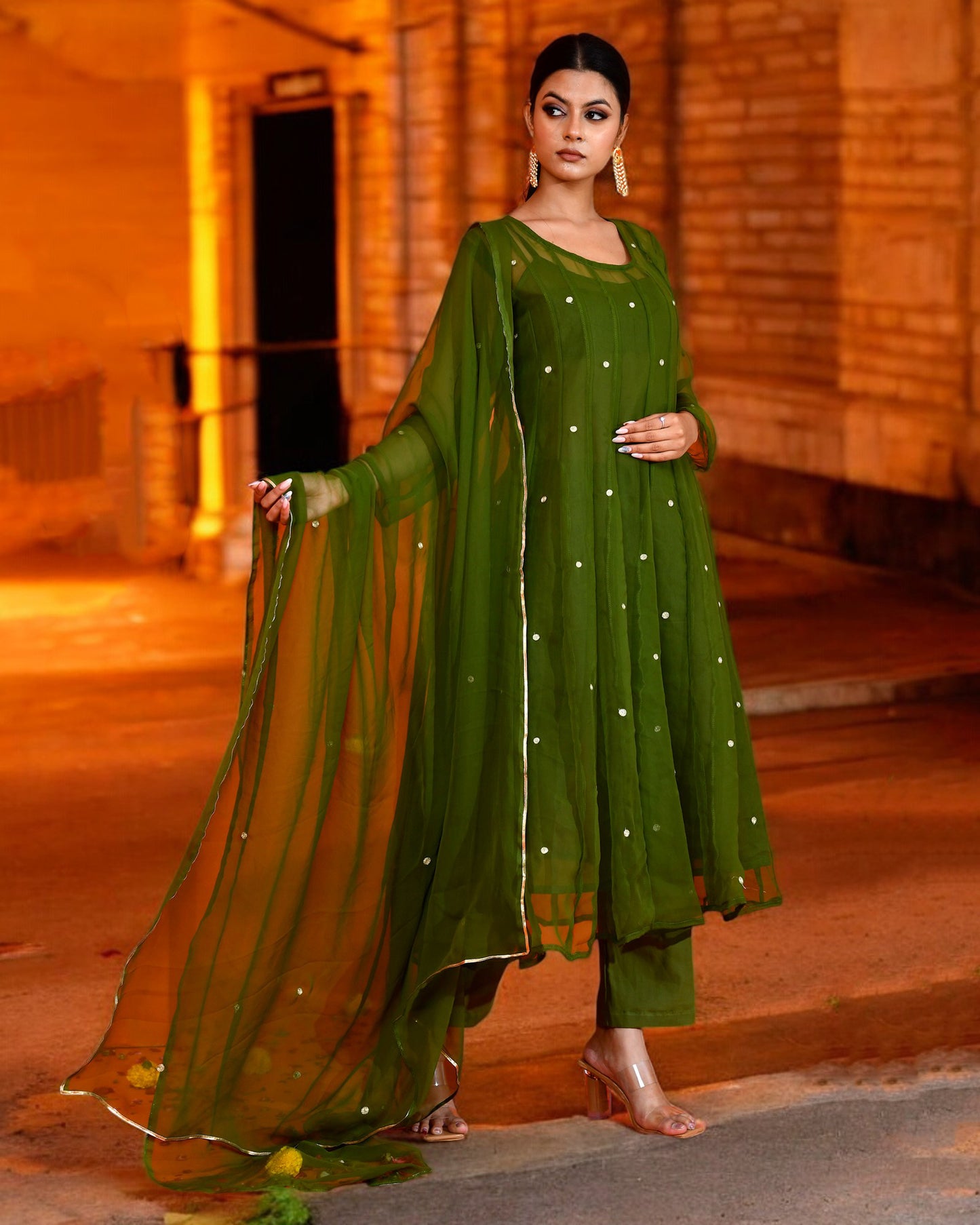 Olive Green Georgette Utsav Bannhi Mehendi Anarkali