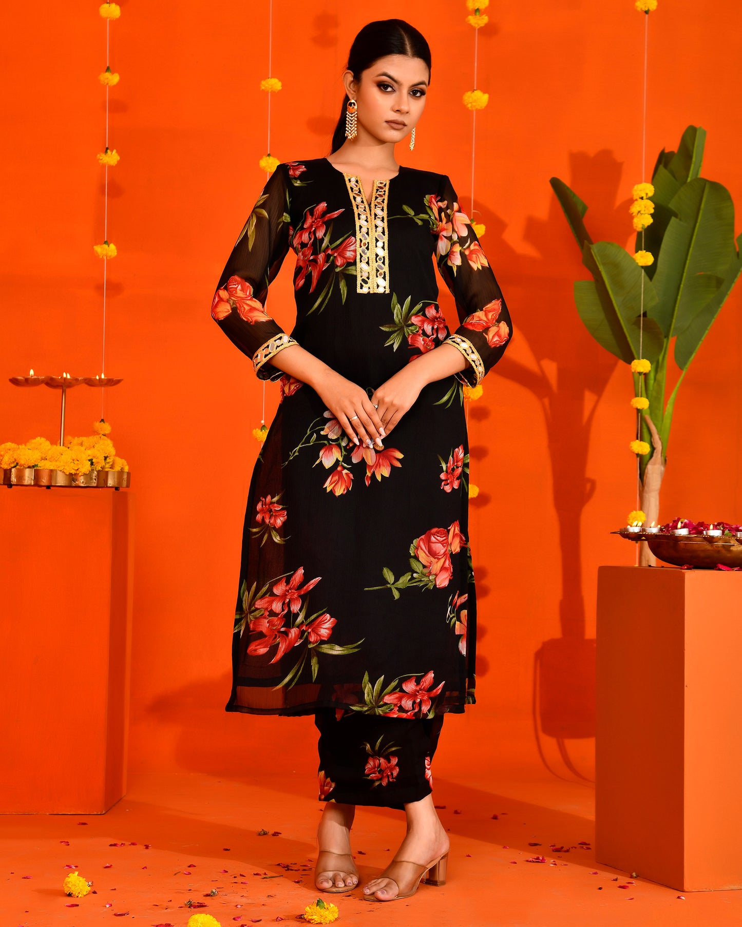 Black Chiffon Utsav Bannhi Printed Jaipuri Kurta set