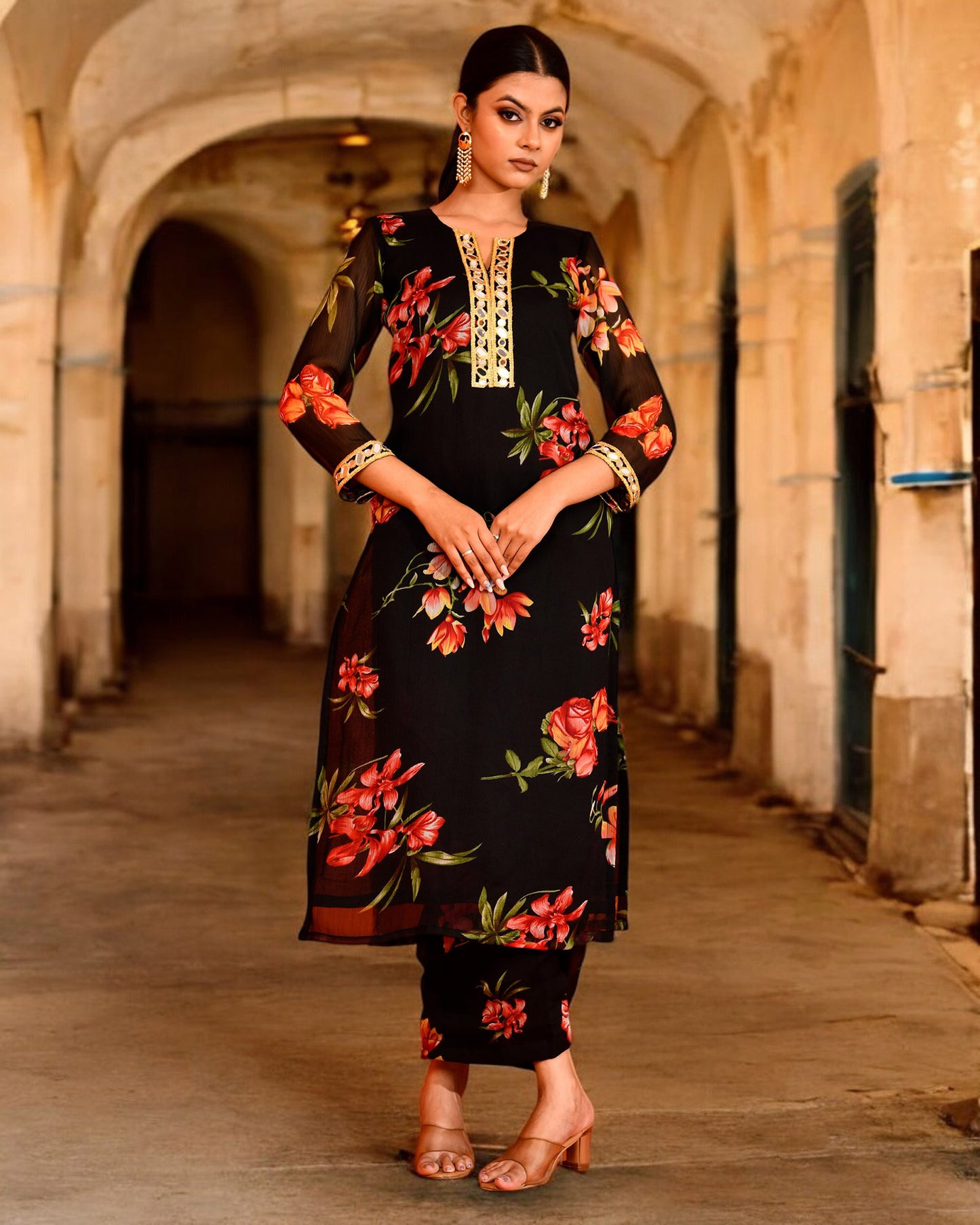 Black Chiffon Utsav Bannhi Printed Jaipuri Kurta set