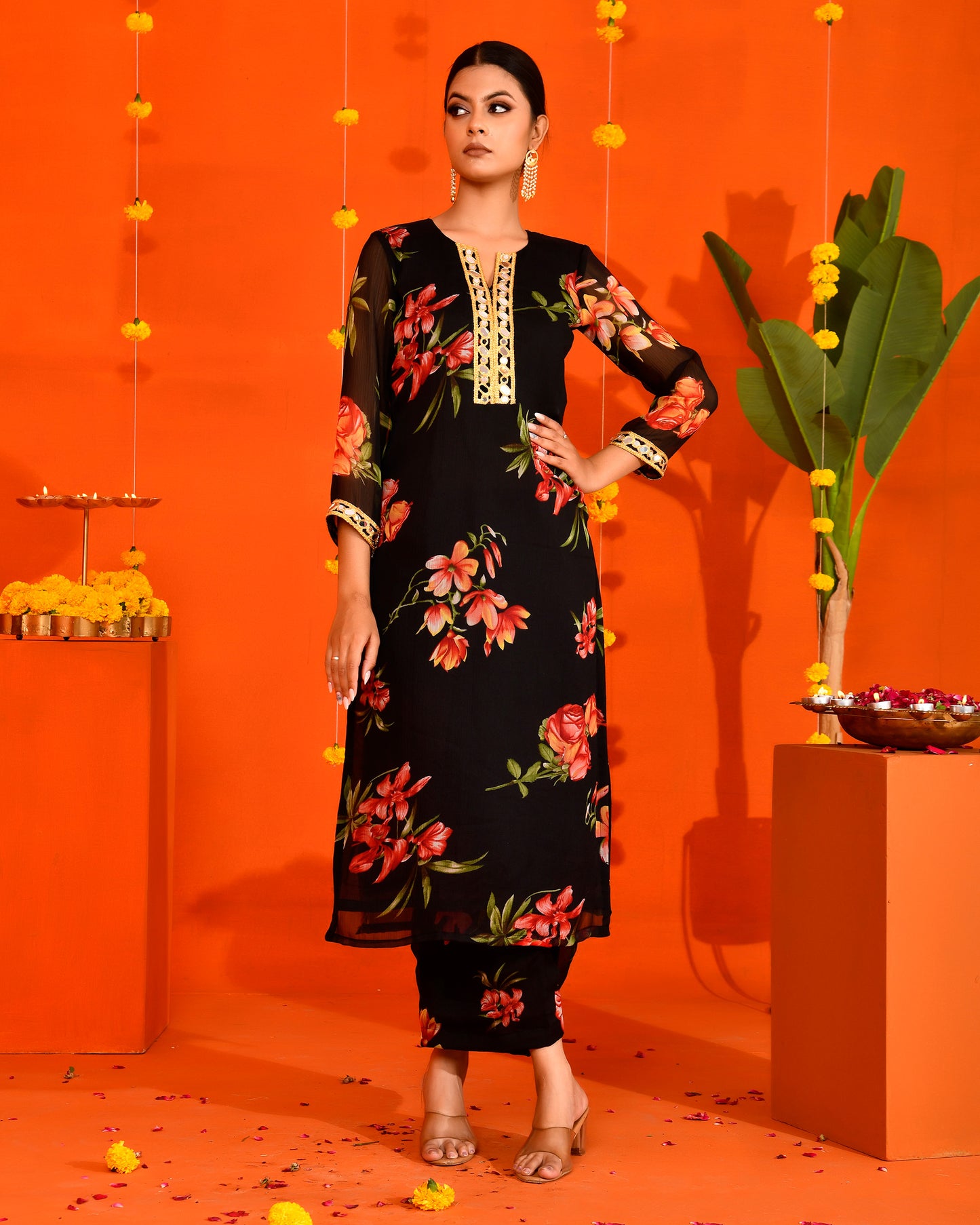 Black Chiffon Utsav Bannhi Printed Jaipuri Kurta set