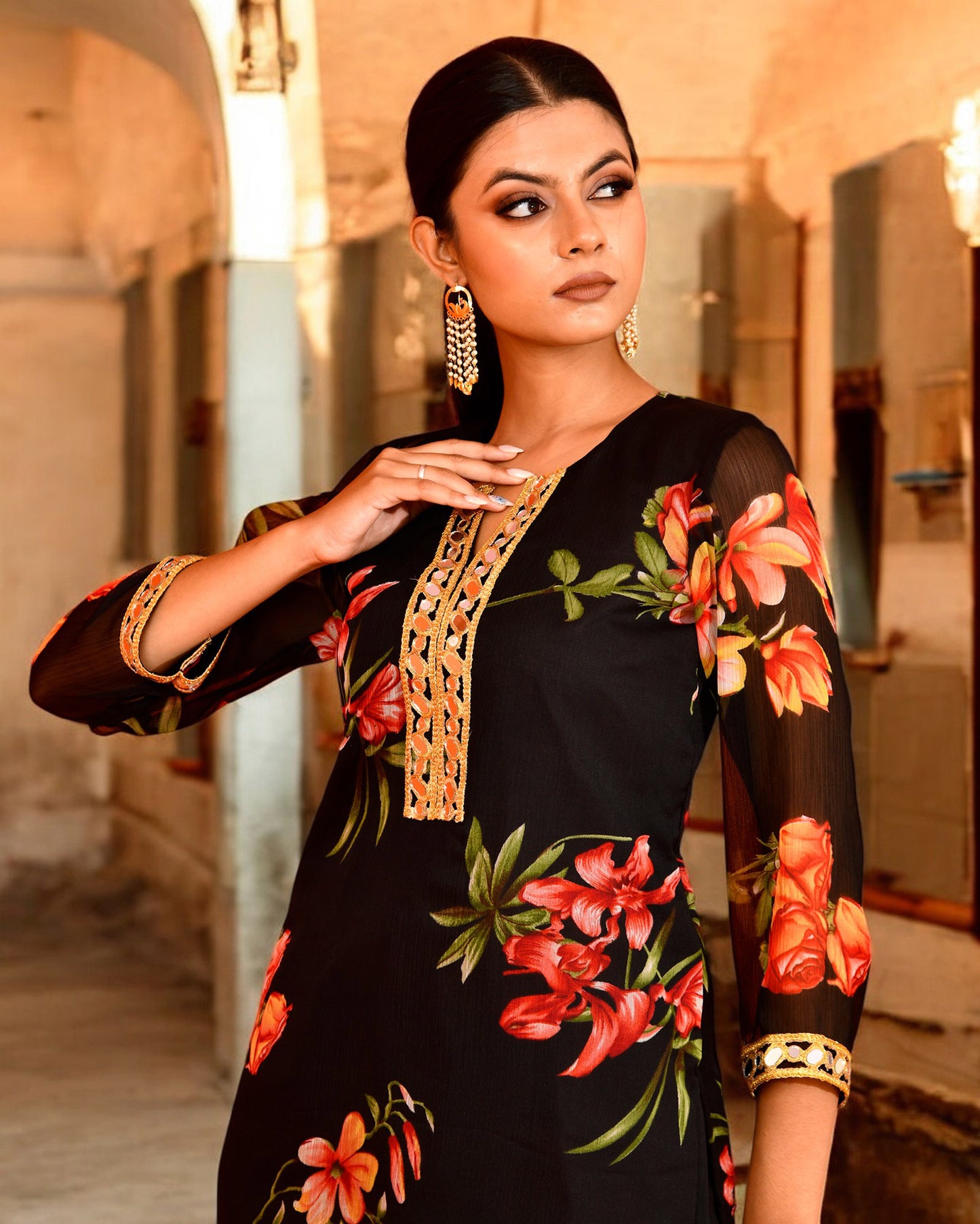 Black Chiffon Utsav Bannhi Printed Jaipuri Kurta set