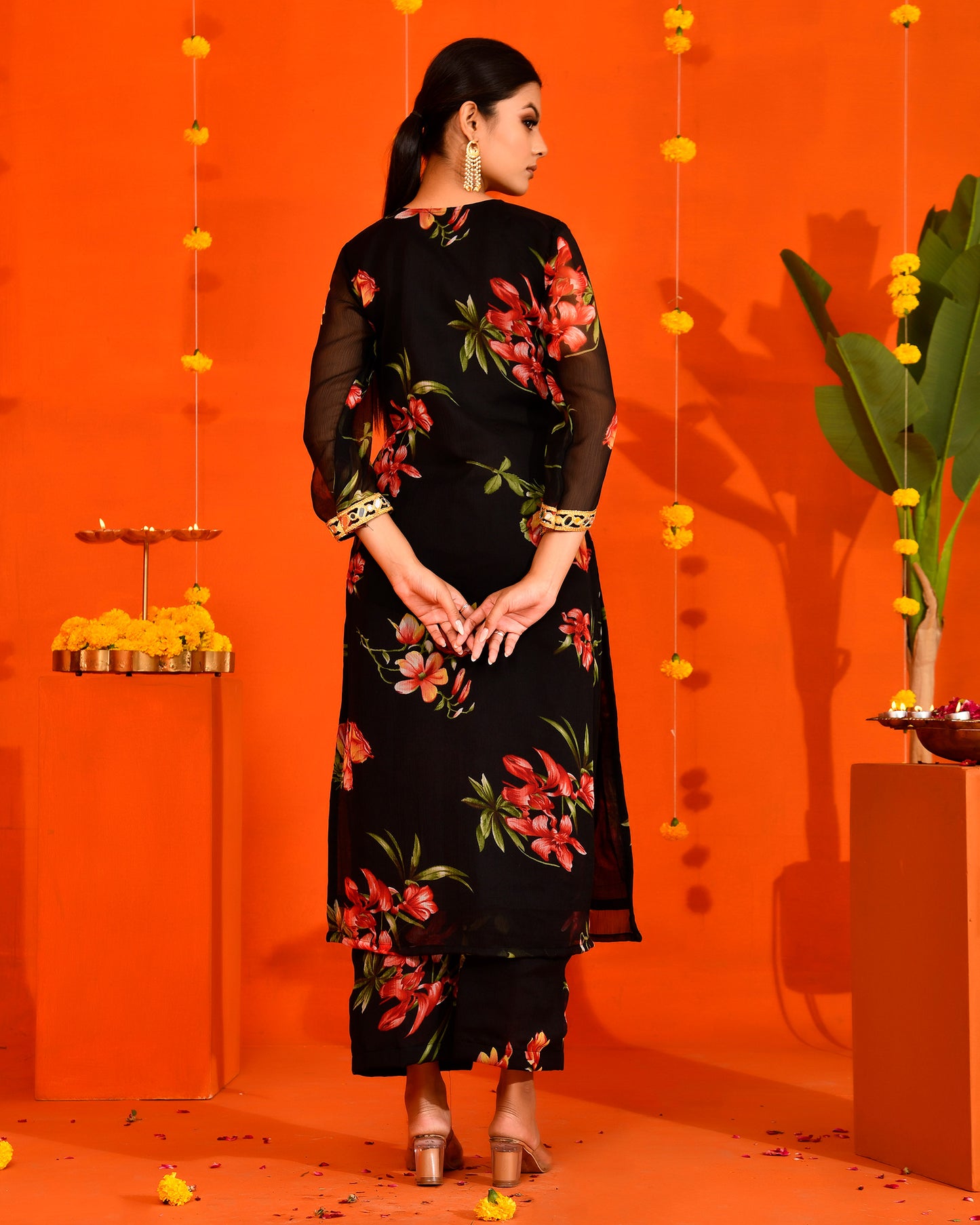 Black Chiffon Utsav Bannhi Printed Jaipuri Kurta set