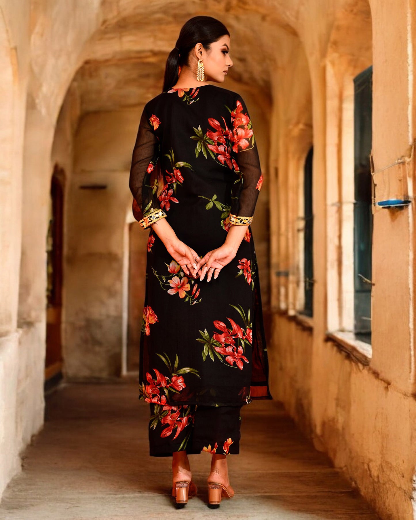 Black Chiffon Utsav Bannhi Printed Jaipuri Kurta set