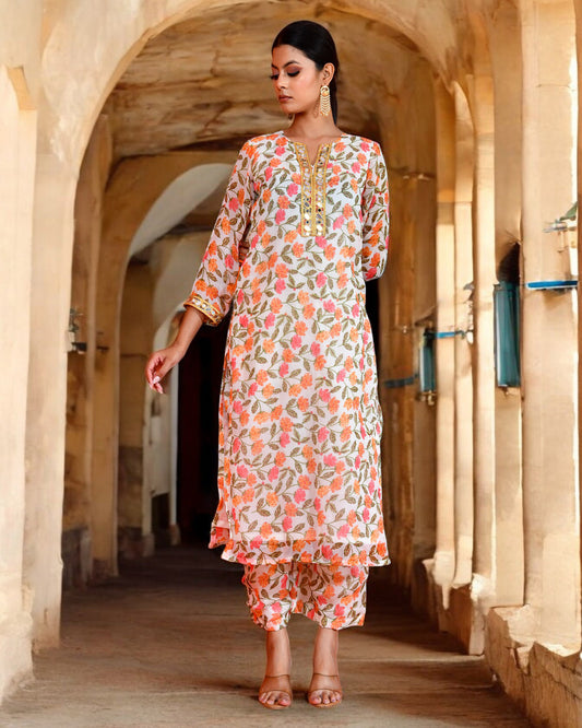 Off-White Chiffon Utsav Bannhi Printed Jaipuri Kurta set