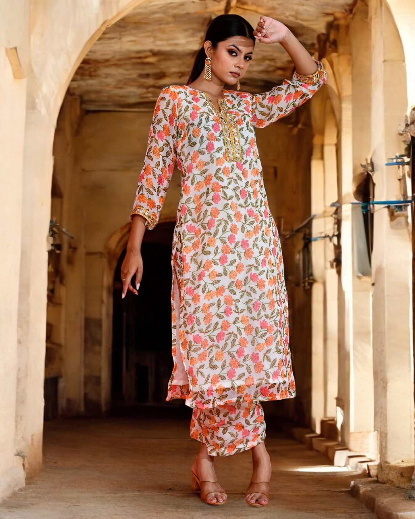 Off-White Chiffon Utsav Bannhi Printed Jaipuri Kurta set