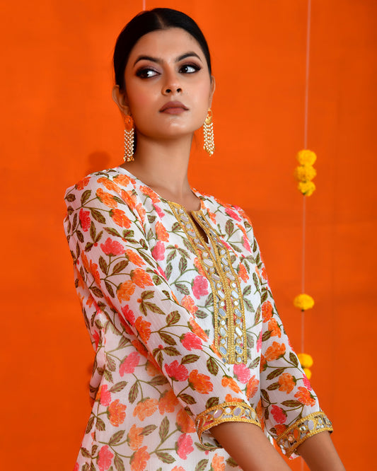 Off-White Chiffon Utsav Bannhi Printed Jaipuri Kurta set