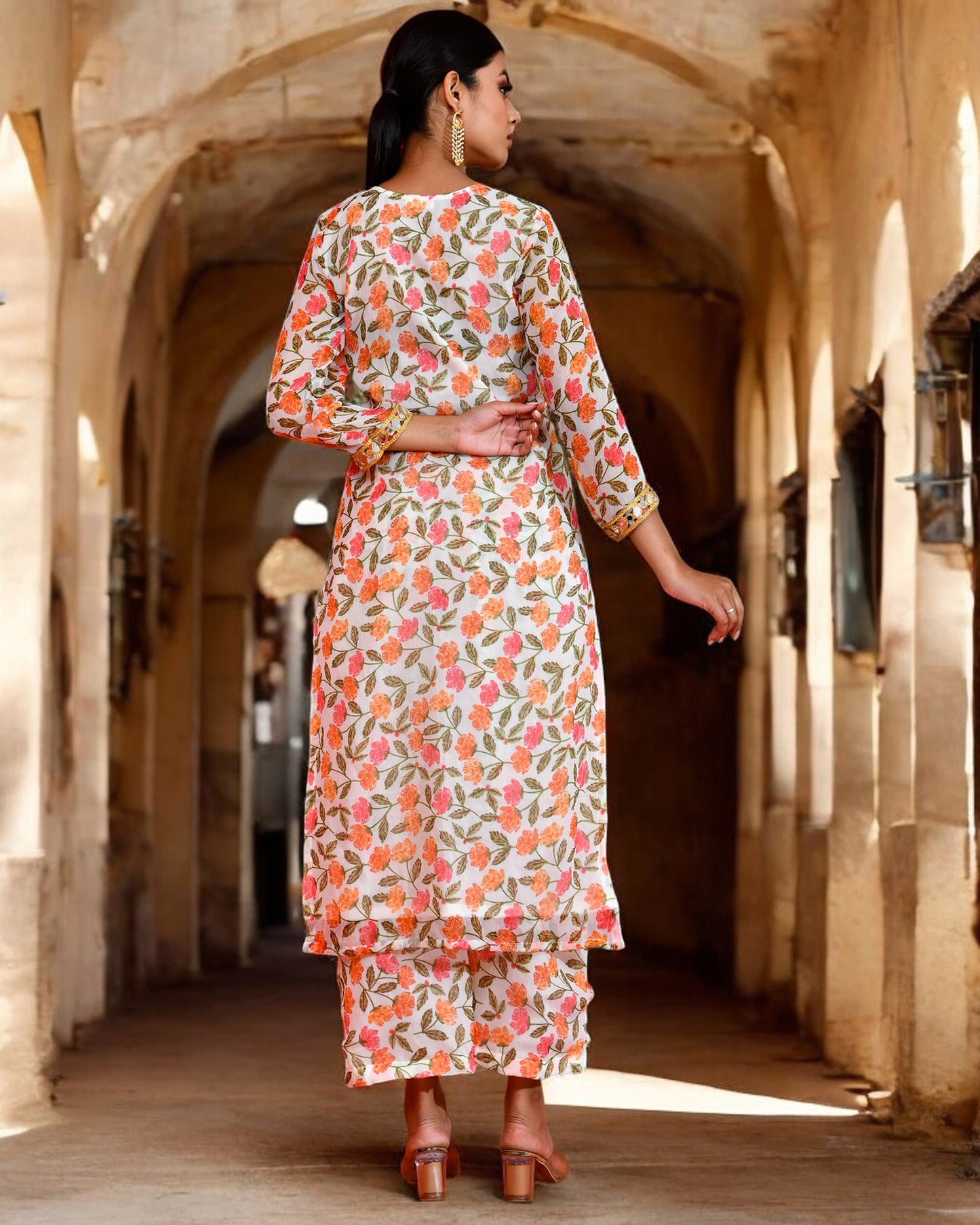 Off-White Chiffon Utsav Bannhi Printed Jaipuri Kurta set