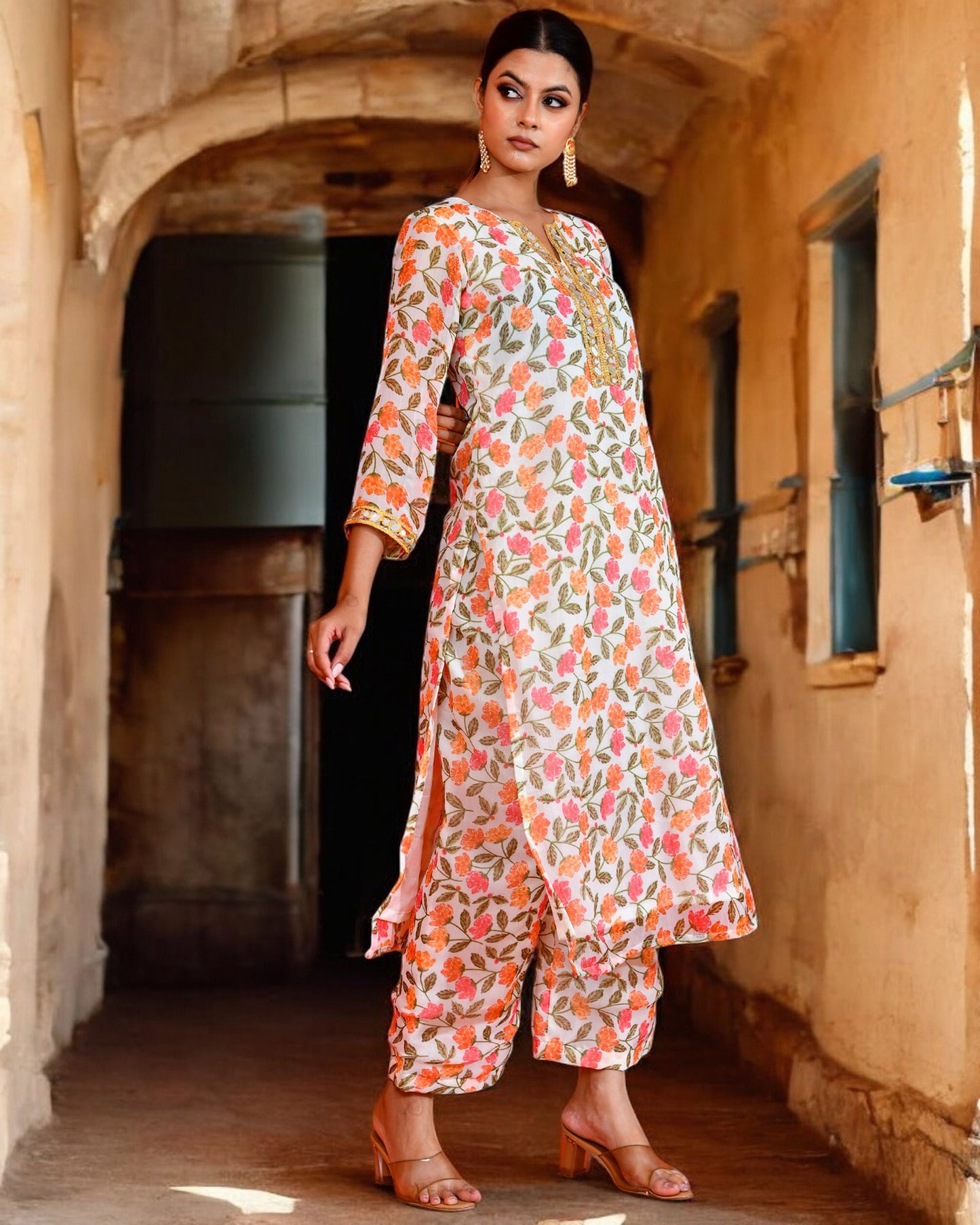 Off-White Chiffon Utsav Bannhi Printed Jaipuri Kurta set