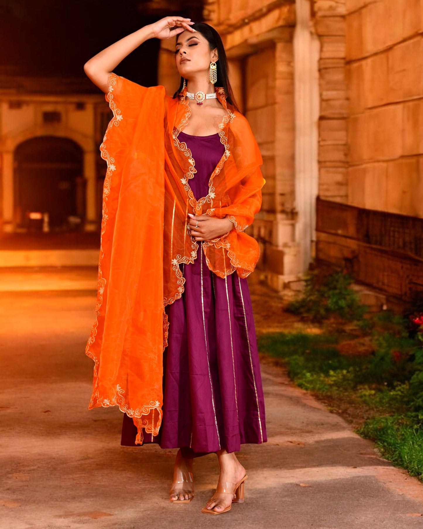 Purple Cotton Silk Utsav Bannhi Embroidered Jaipuri Anarkali