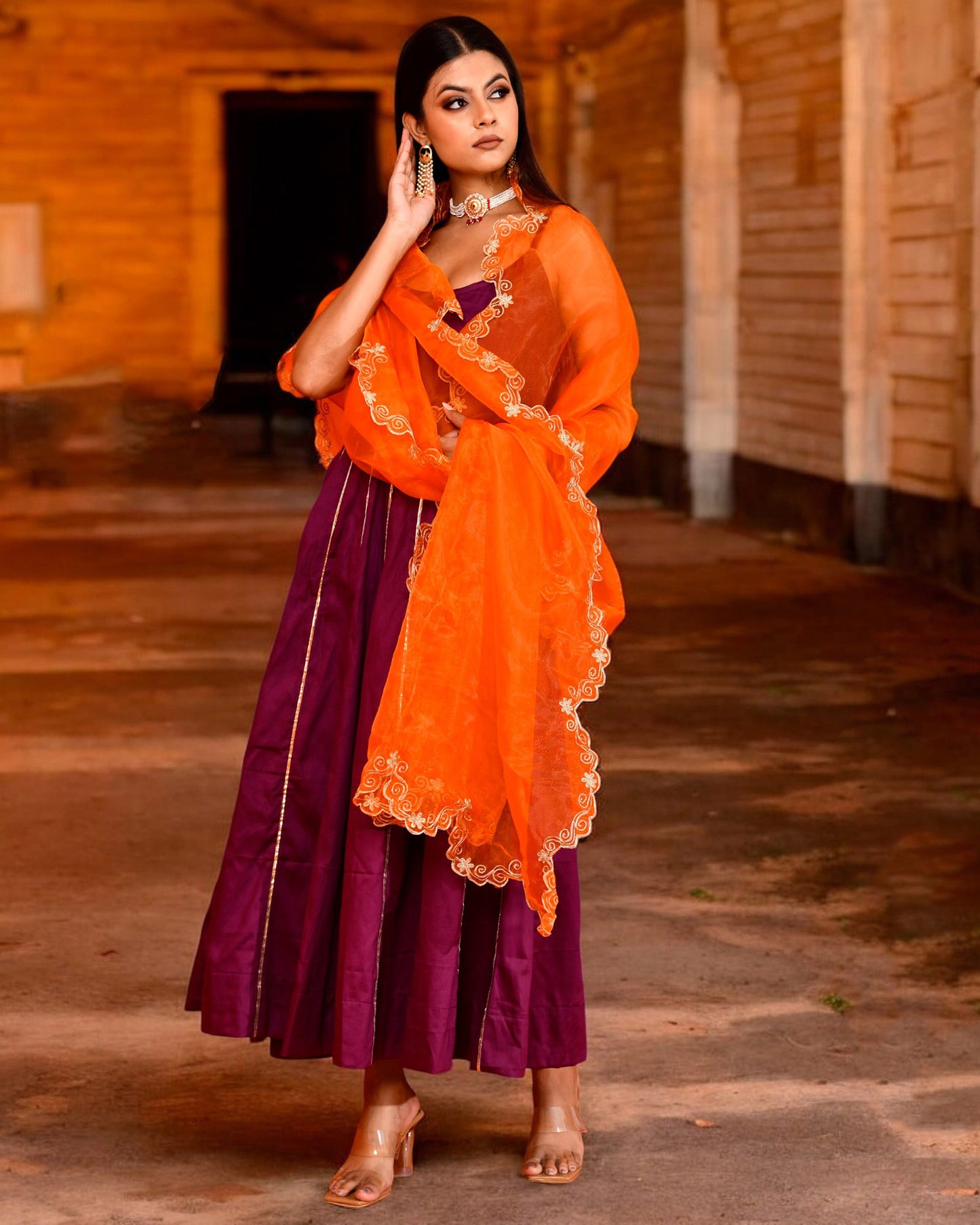 Purple Cotton Silk Utsav Bannhi Embroidered Jaipuri Anarkali