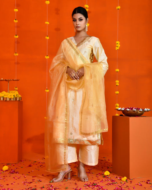 Light Pastel Yellow Dupion Utsav Embroidered Jaipuri Kurta set