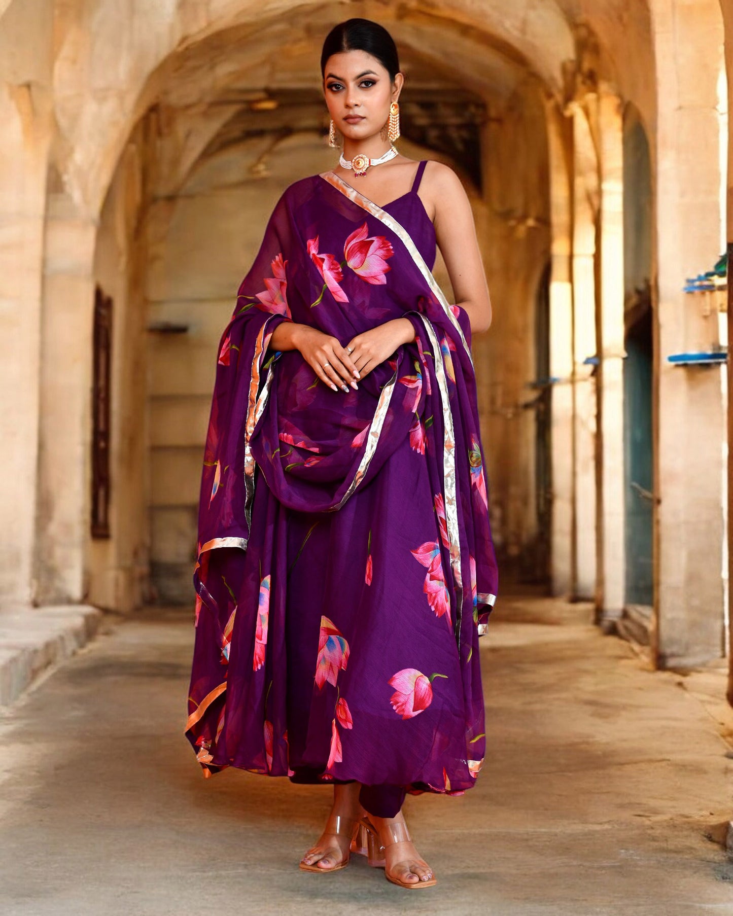 Purple Chiffon Utsav Printed Jaipuri Anarkali