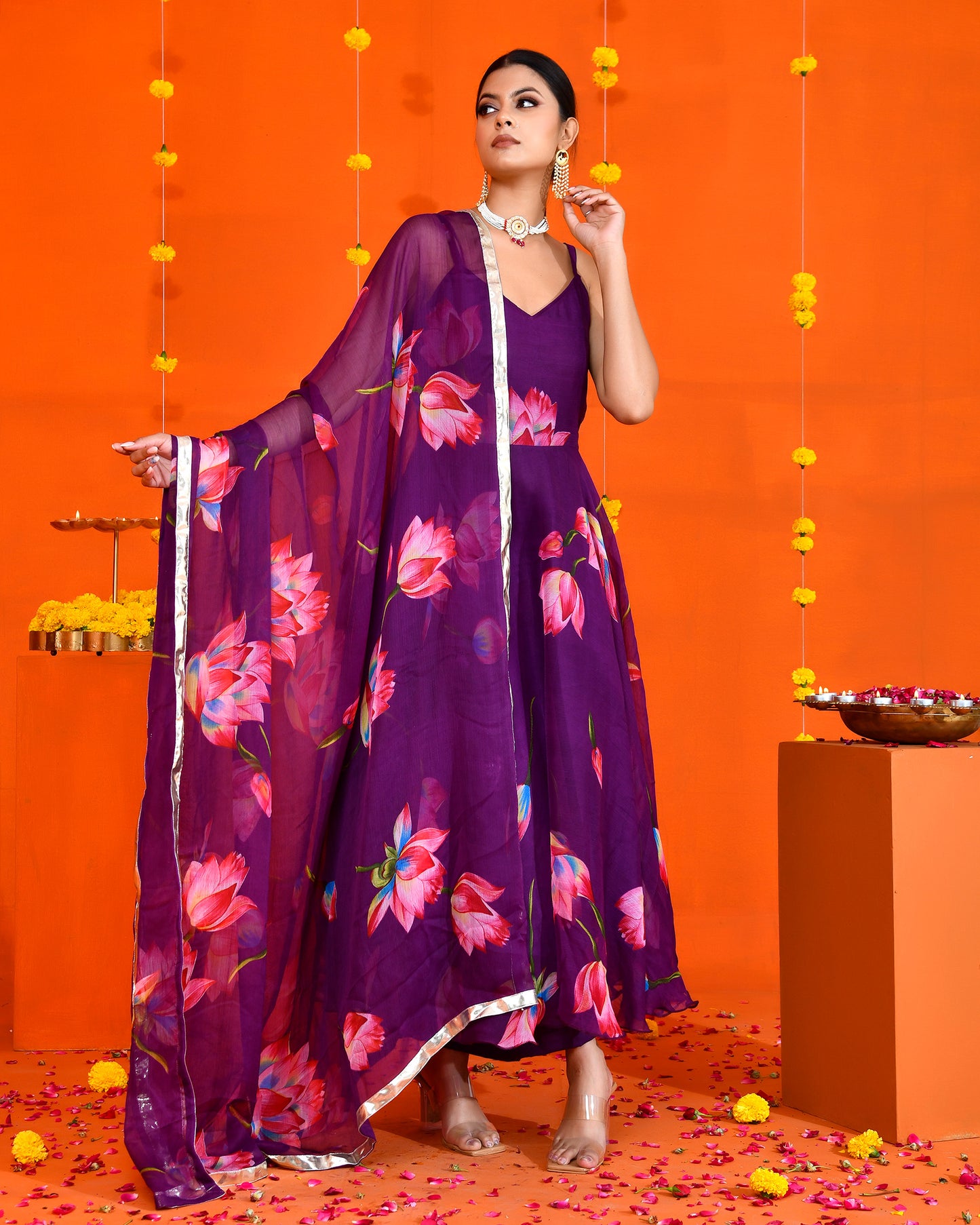 Purple Chiffon Utsav Printed Jaipuri Anarkali