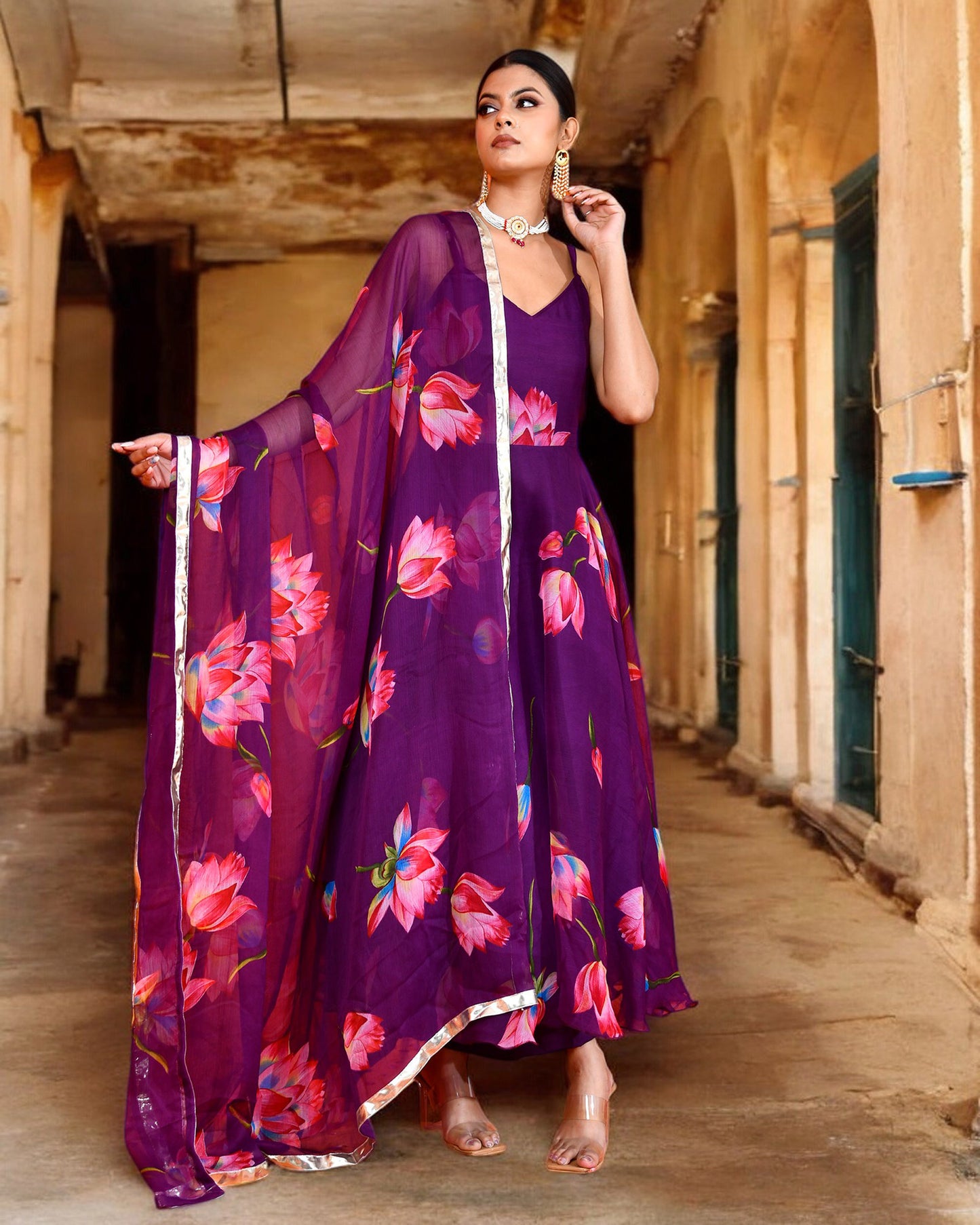 Purple Chiffon Utsav Printed Jaipuri Anarkali