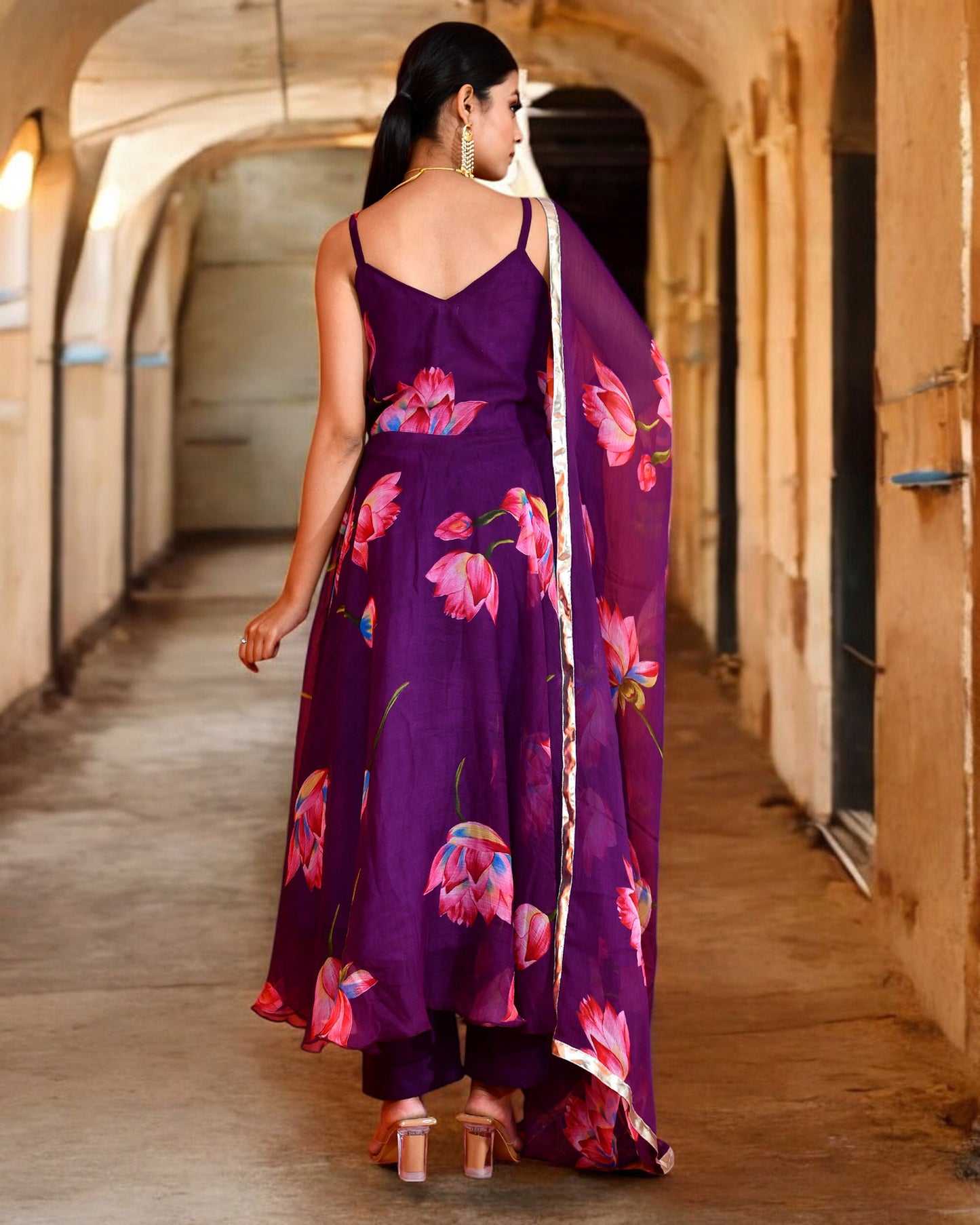 Purple Chiffon Utsav Printed Jaipuri Anarkali