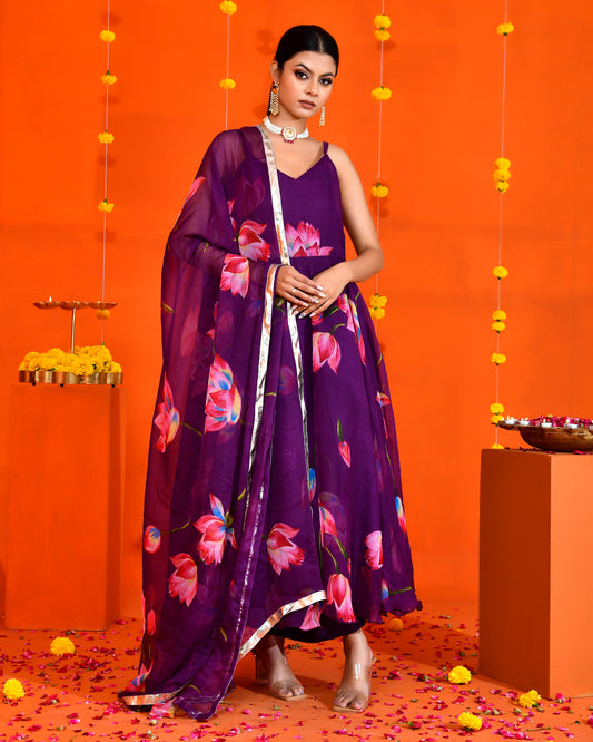 Purple Chiffon Utsav Printed Jaipuri Anarkali