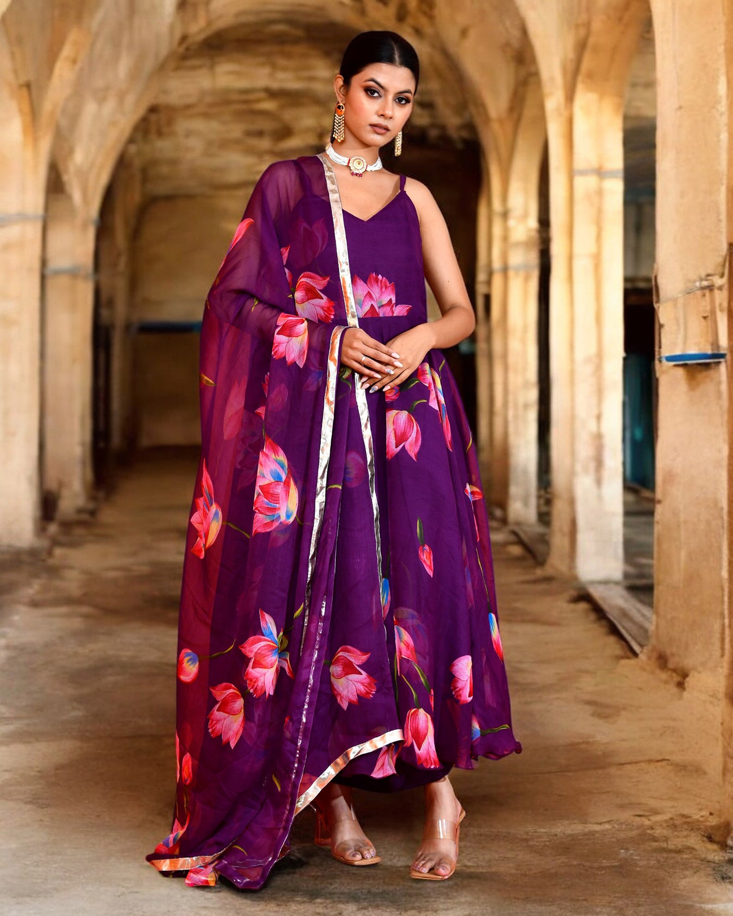 Purple Chiffon Utsav Printed Jaipuri Anarkali