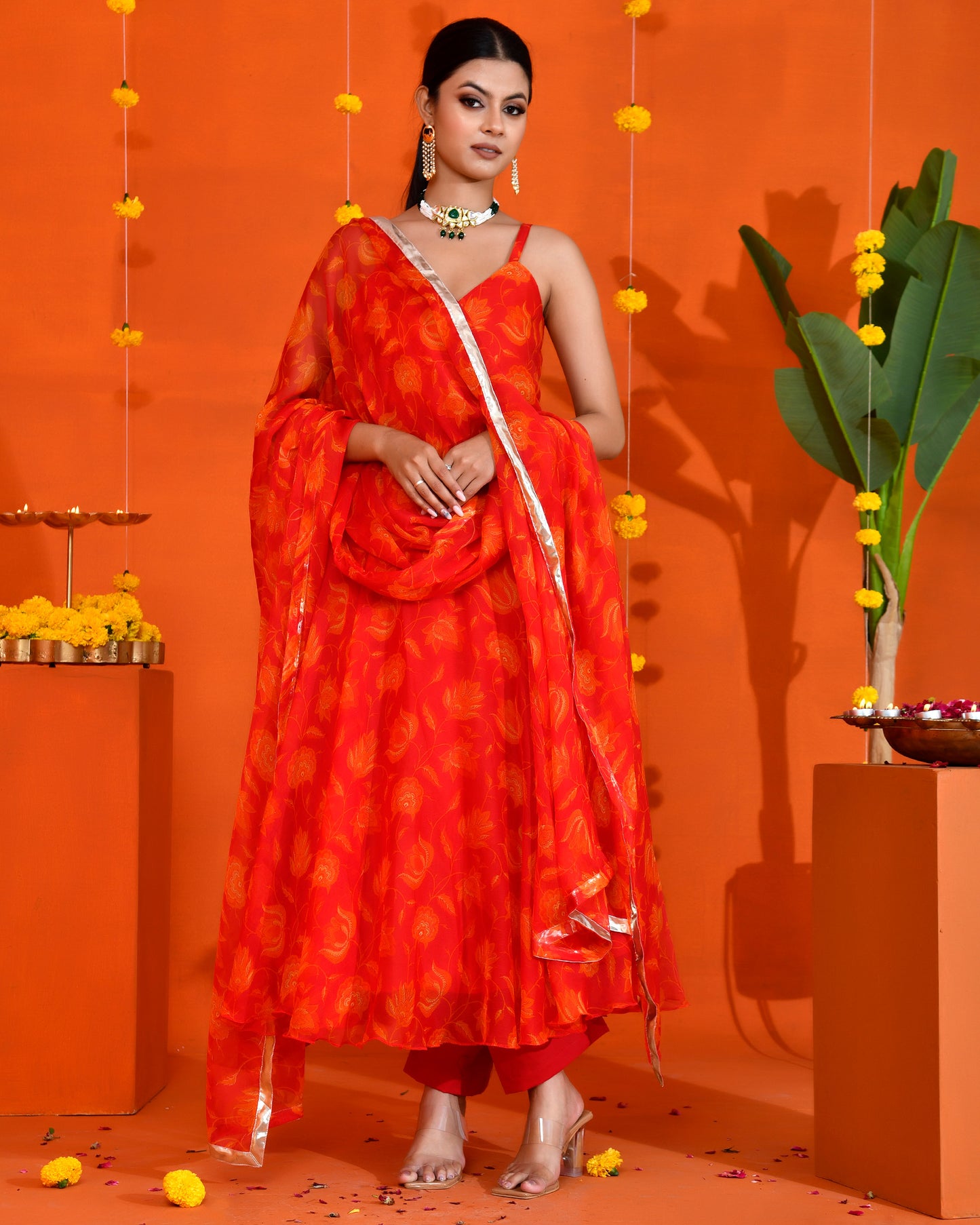 Red Chiffon Utsav Printed Jaipuri Anarkali