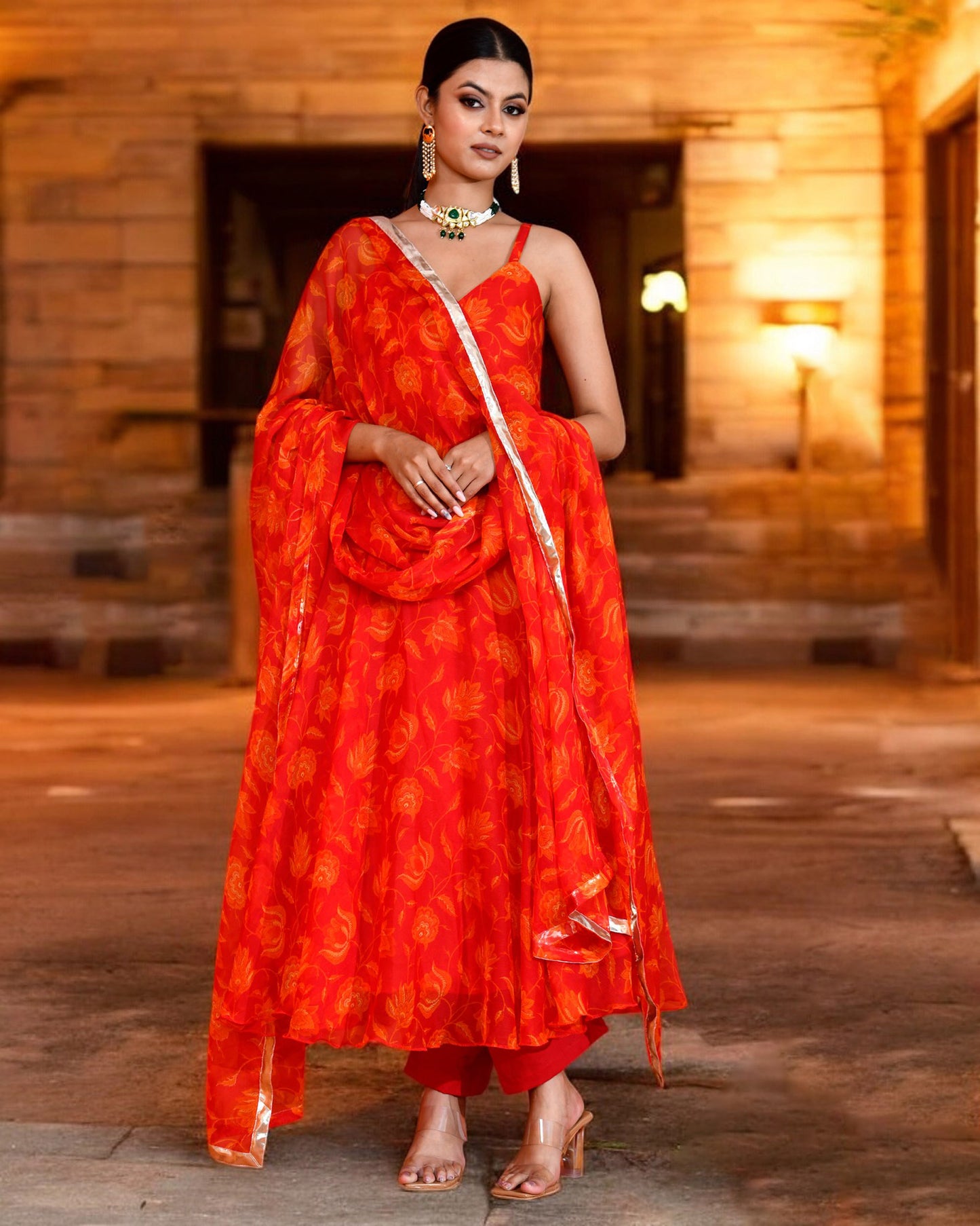 Red Chiffon Utsav Printed Jaipuri Anarkali