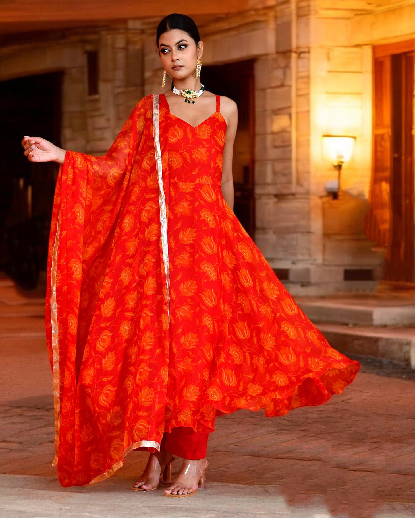 Red Chiffon Utsav Printed Jaipuri Anarkali