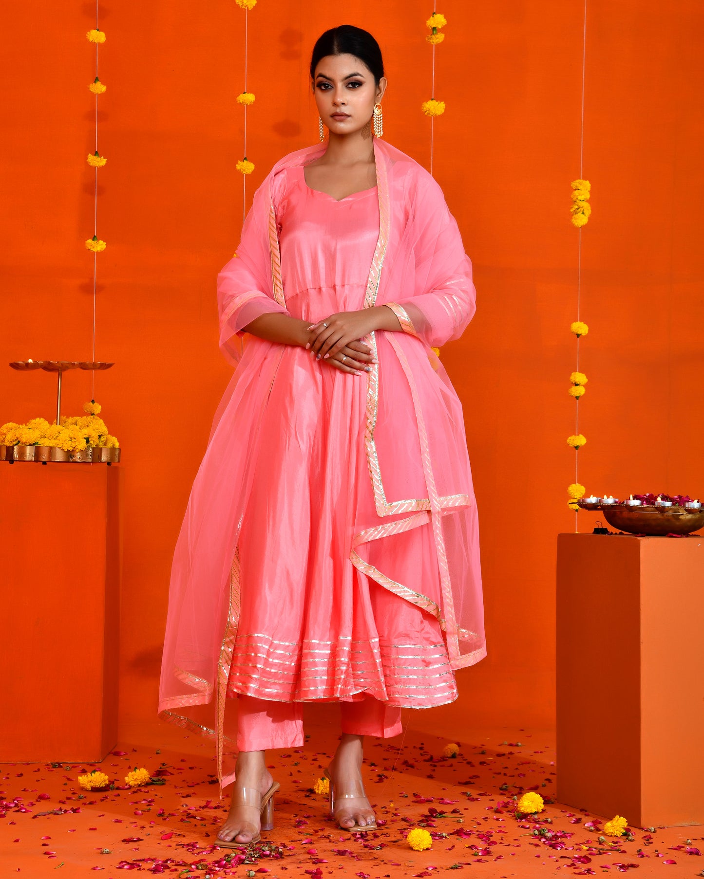 Pink Uppada Silk Gota work Embroidered Jaipuri Anarkali