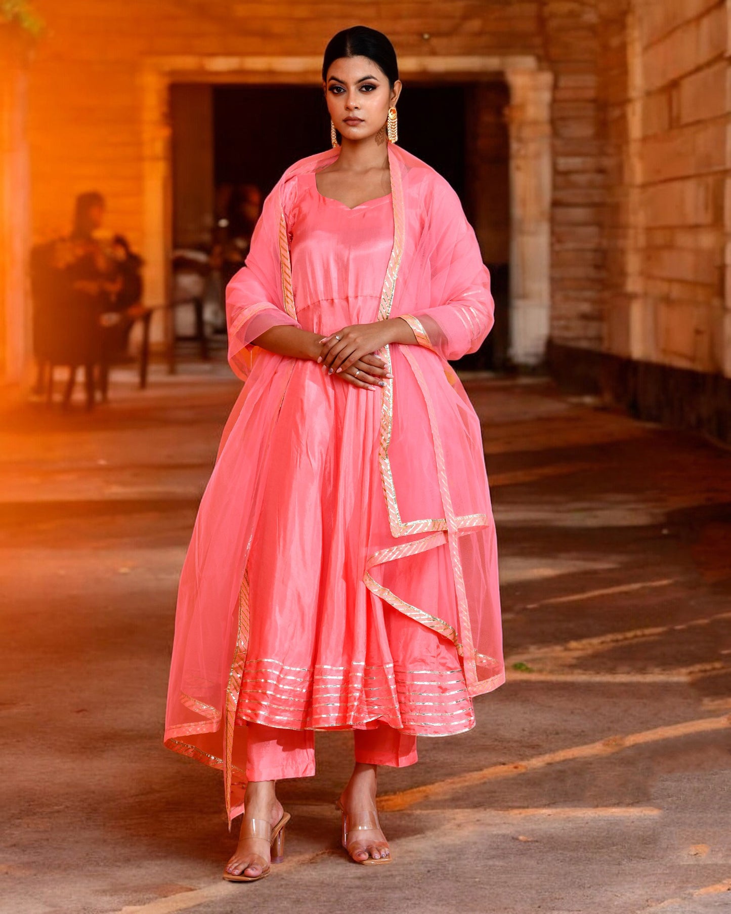 Pink Uppada Silk Gota work Embroidered Jaipuri Anarkali