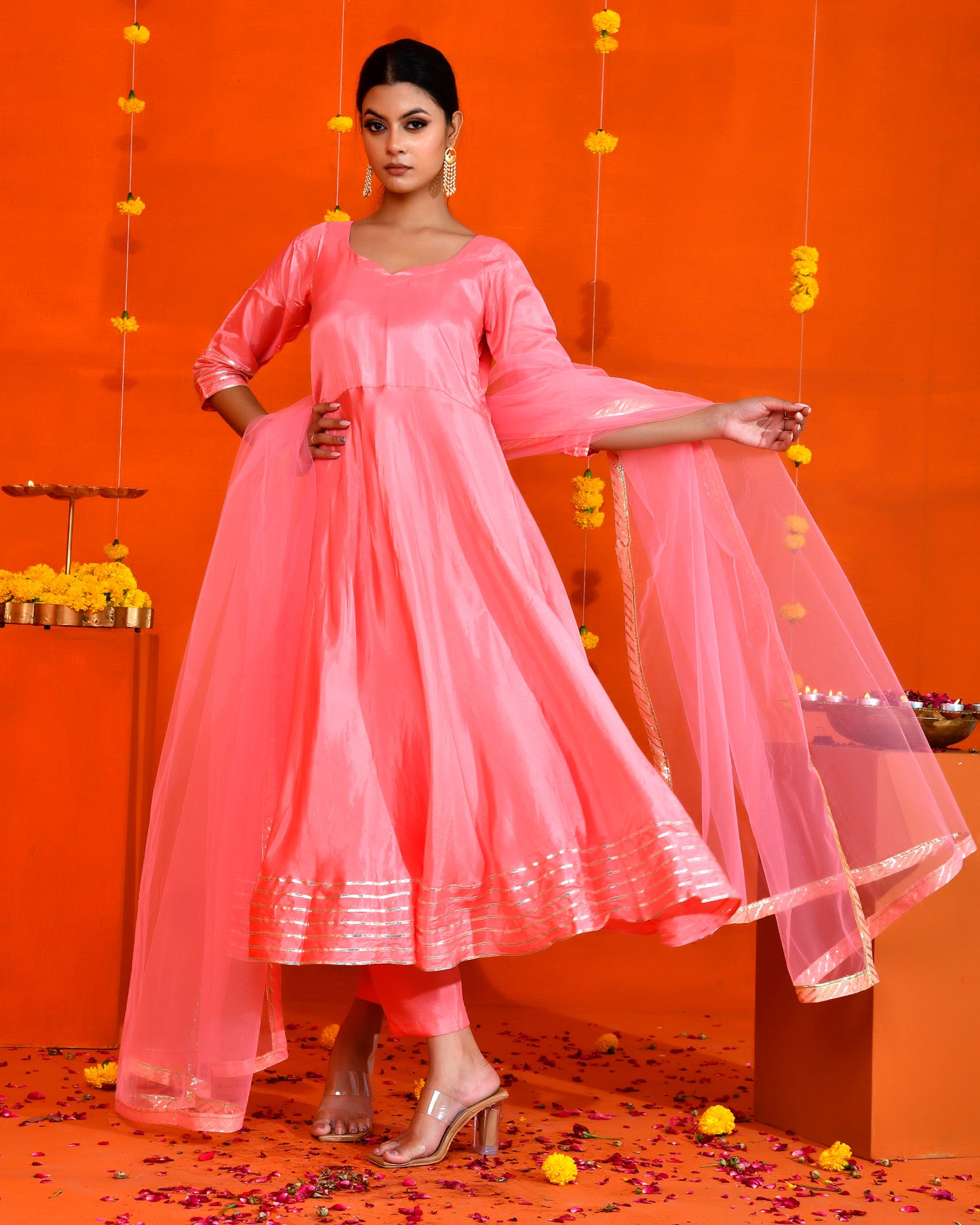 Pink Uppada Silk Gota work Embroidered Jaipuri Anarkali