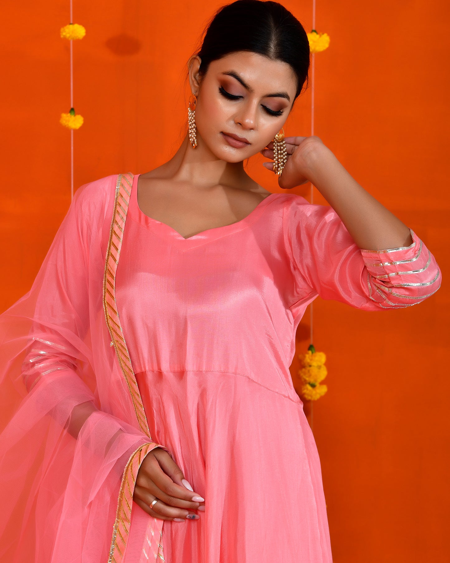 Pink Uppada Silk Gota work Embroidered Jaipuri Anarkali