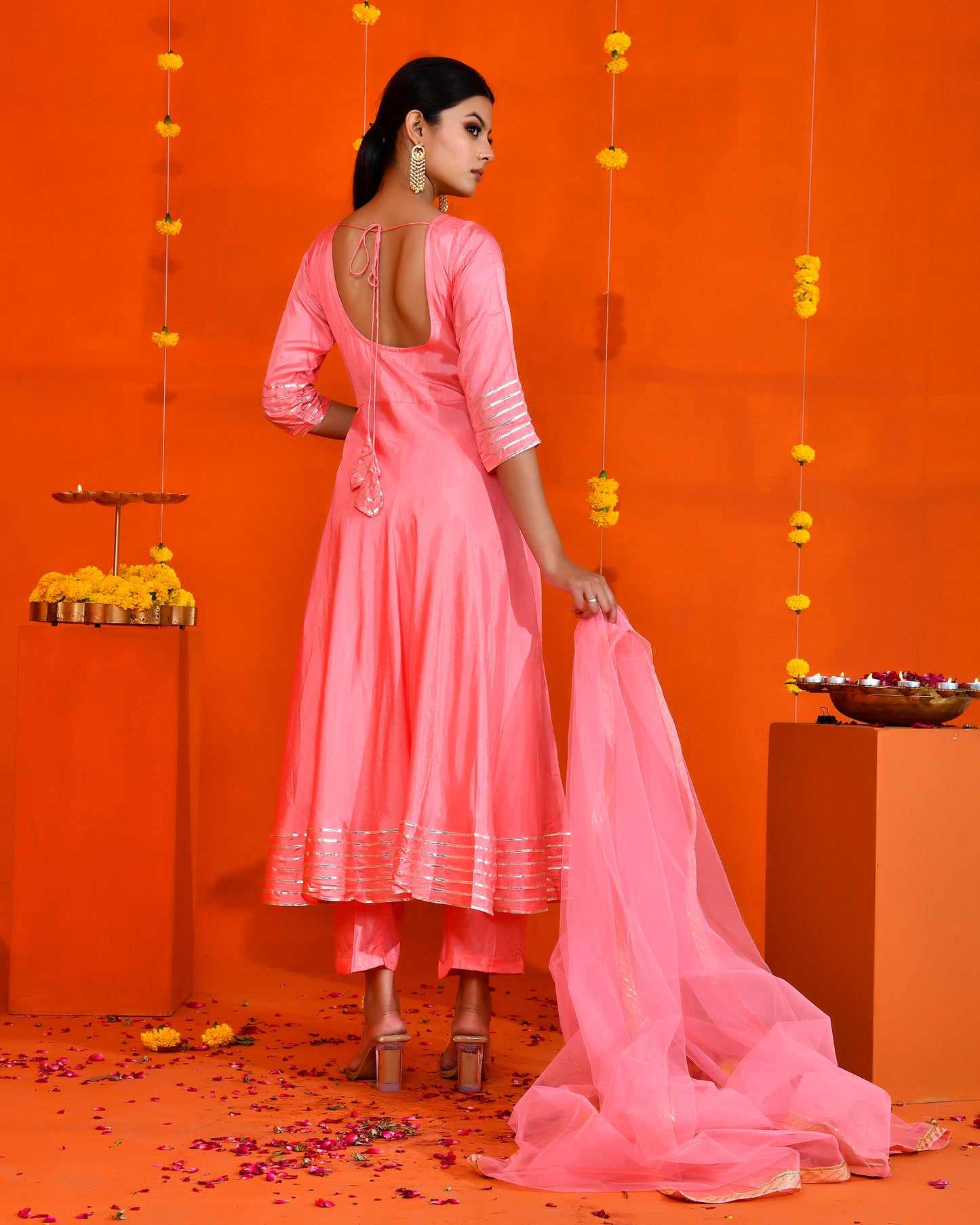 Pink Uppada Silk Gota work Embroidered Jaipuri Anarkali