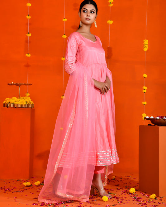 Pink Uppada Silk Gota work Embroidered Jaipuri Anarkali