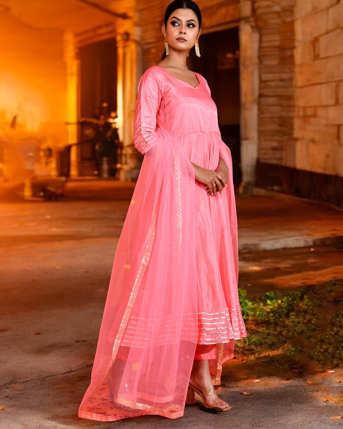 Pink Uppada Silk Gota work Embroidered Jaipuri Anarkali