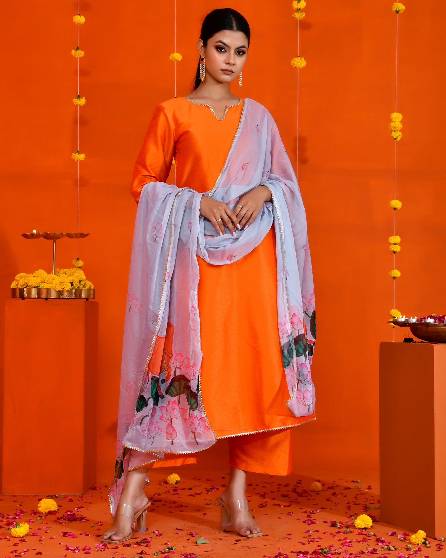 Orange Dupion Printed Festive Kurta Set