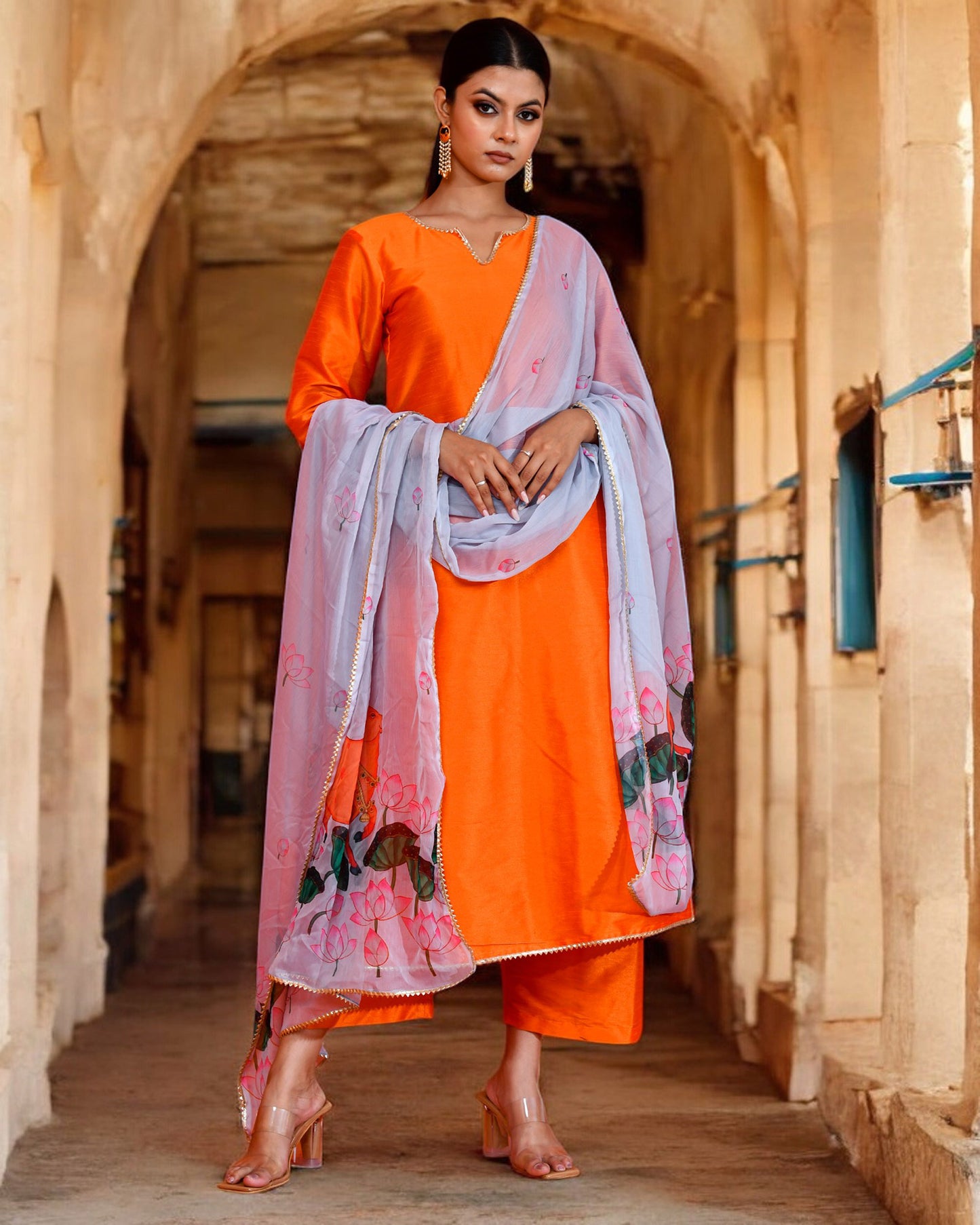 Orange Dupion Printed Festive Kurta Set