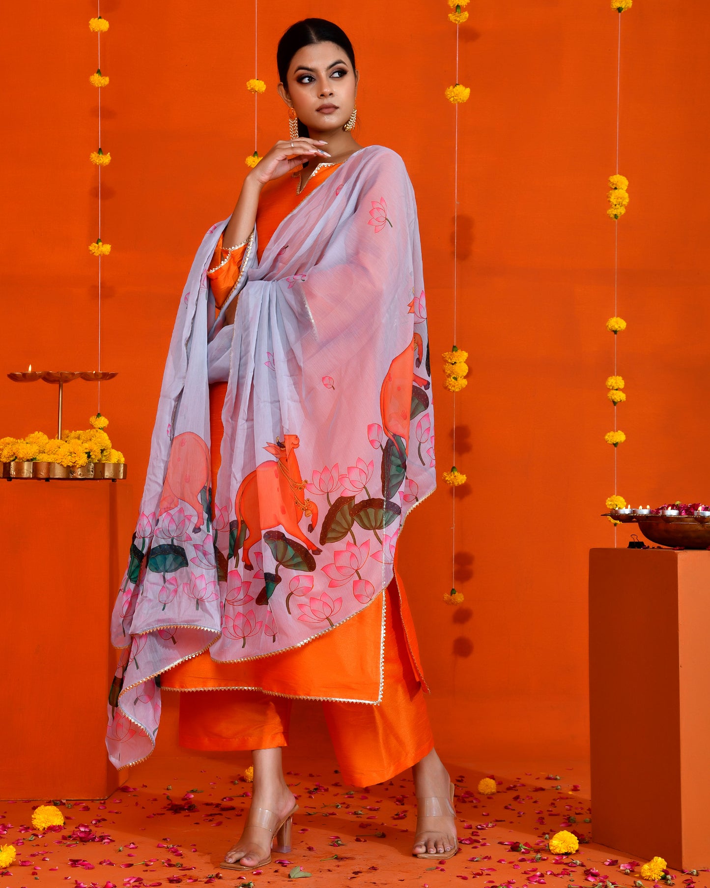 Orange Dupion Printed Festive Kurta Set