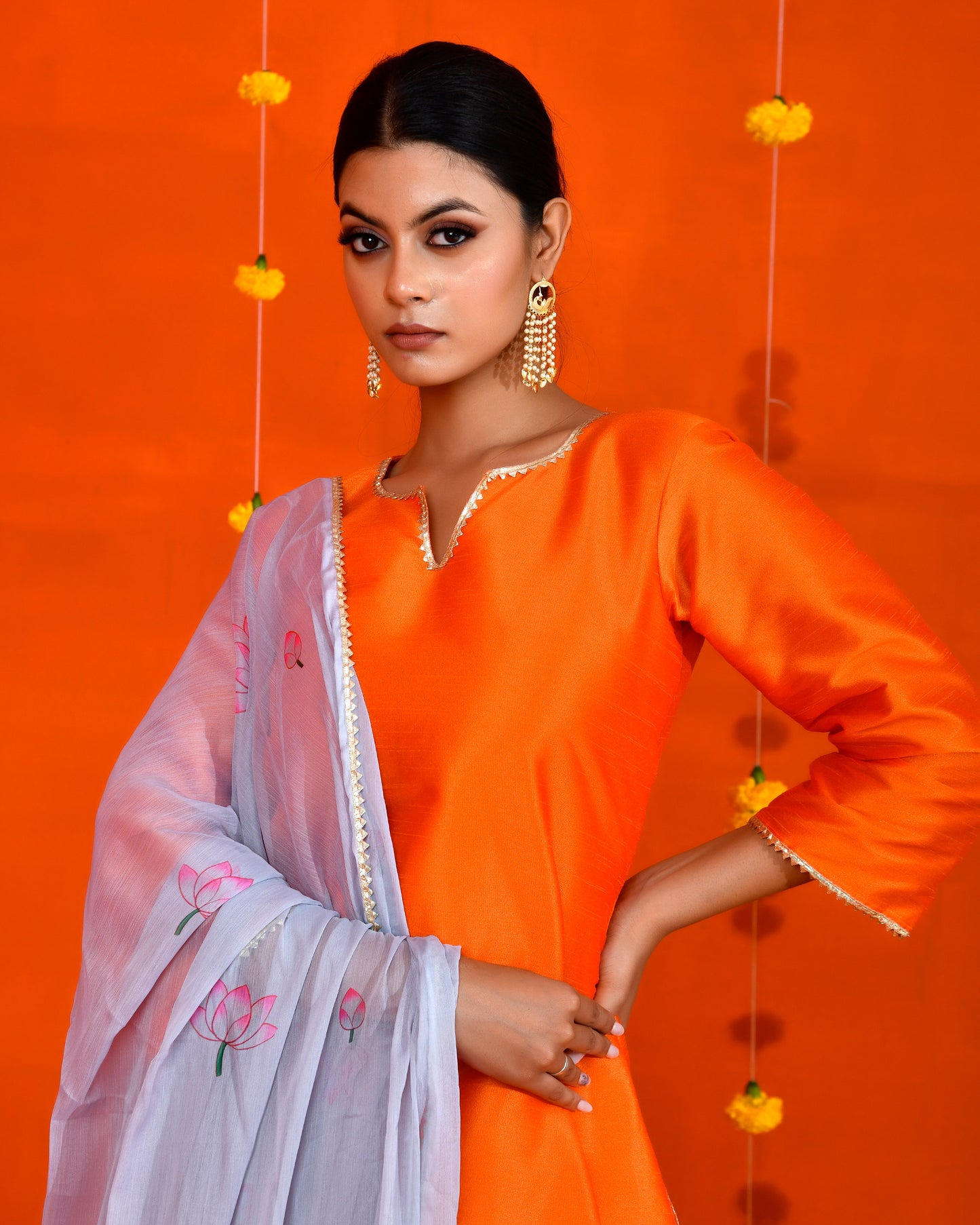 Orange Dupion Printed Festive Kurta Set