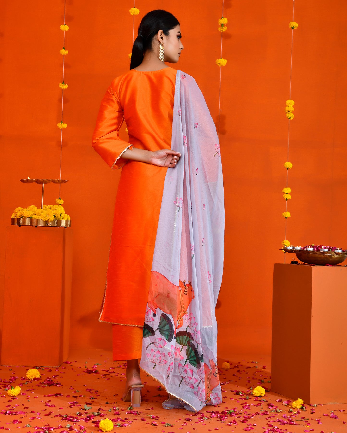 Orange Dupion Printed Festive Kurta Set