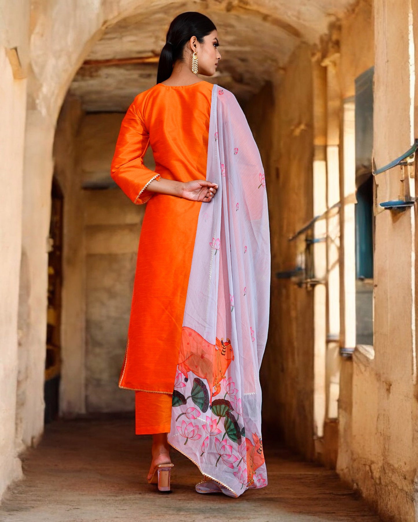 Orange Dupion Printed Festive Kurta Set