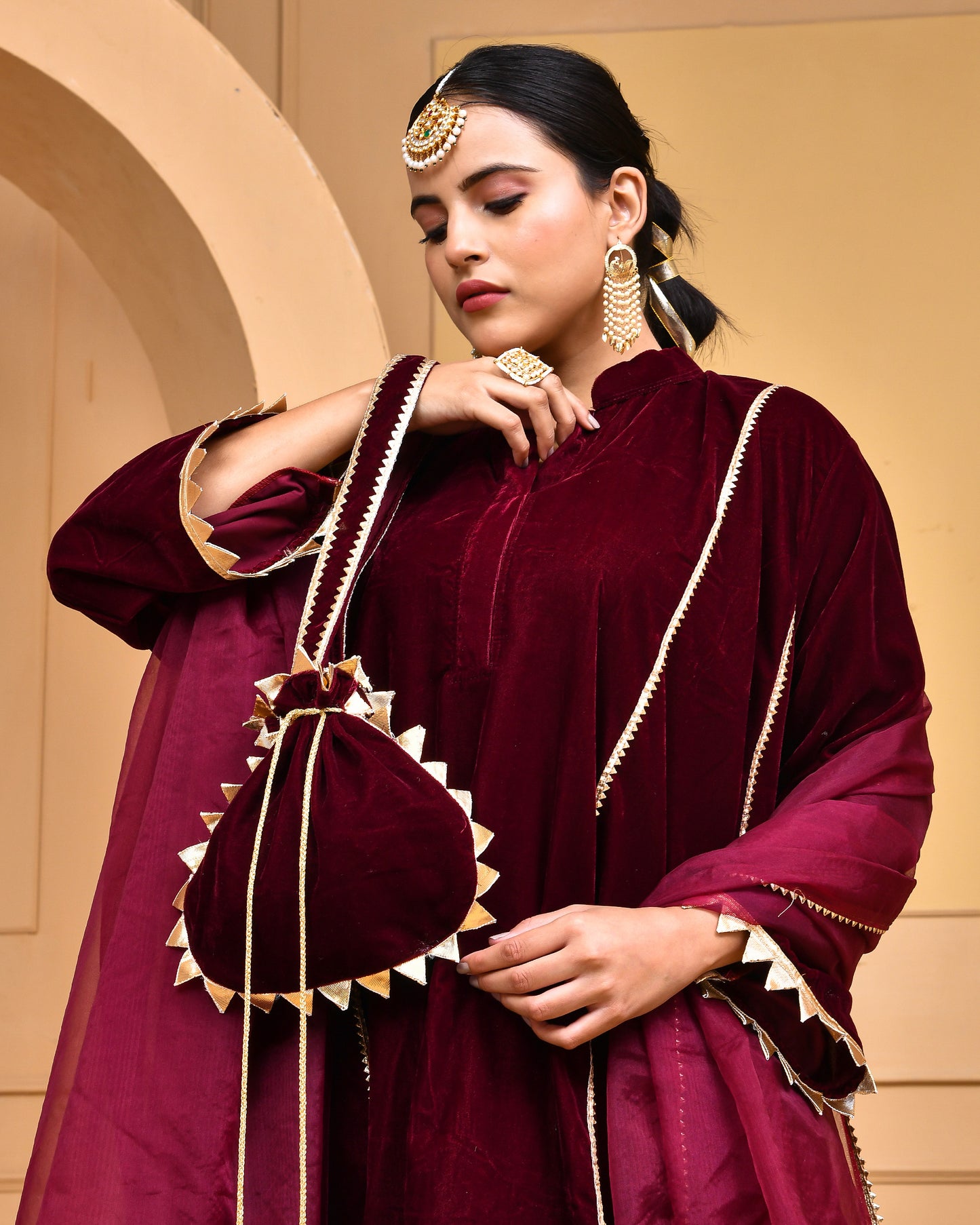 Wine Velvet Gota Embellished Kurta Set