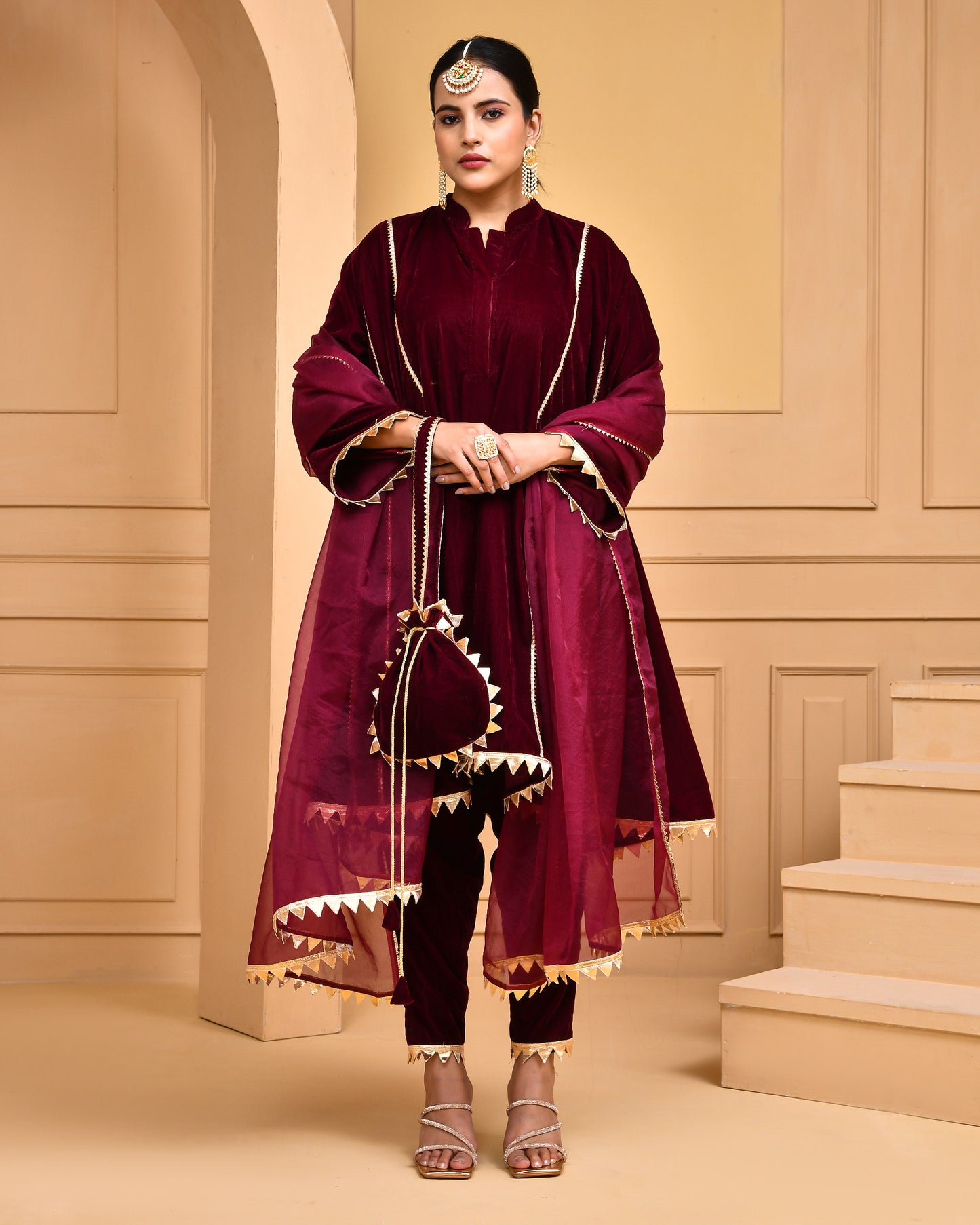 Wine Velvet Gota Embellished Kurta Set