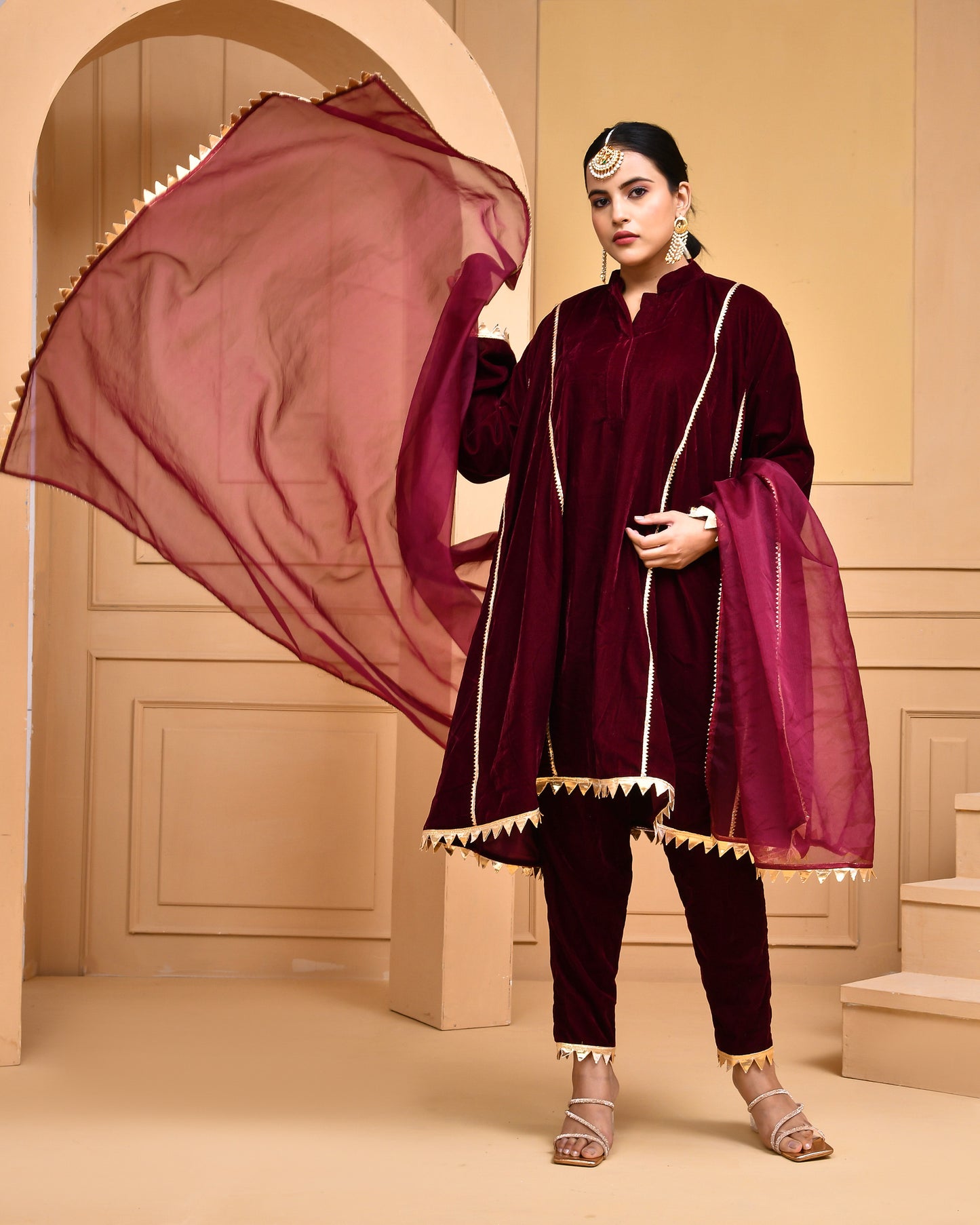 Wine Velvet Gota Embellished Kurta Set