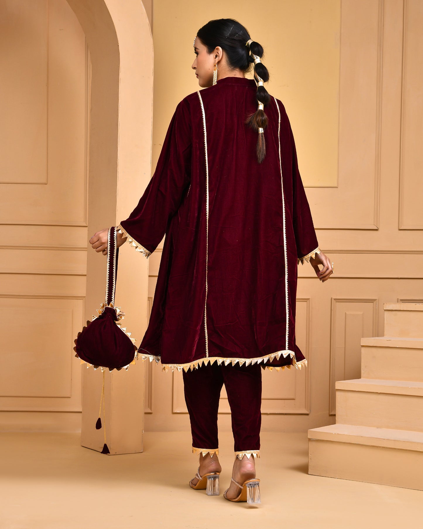 Wine Velvet Gota Embellished Kurta Set