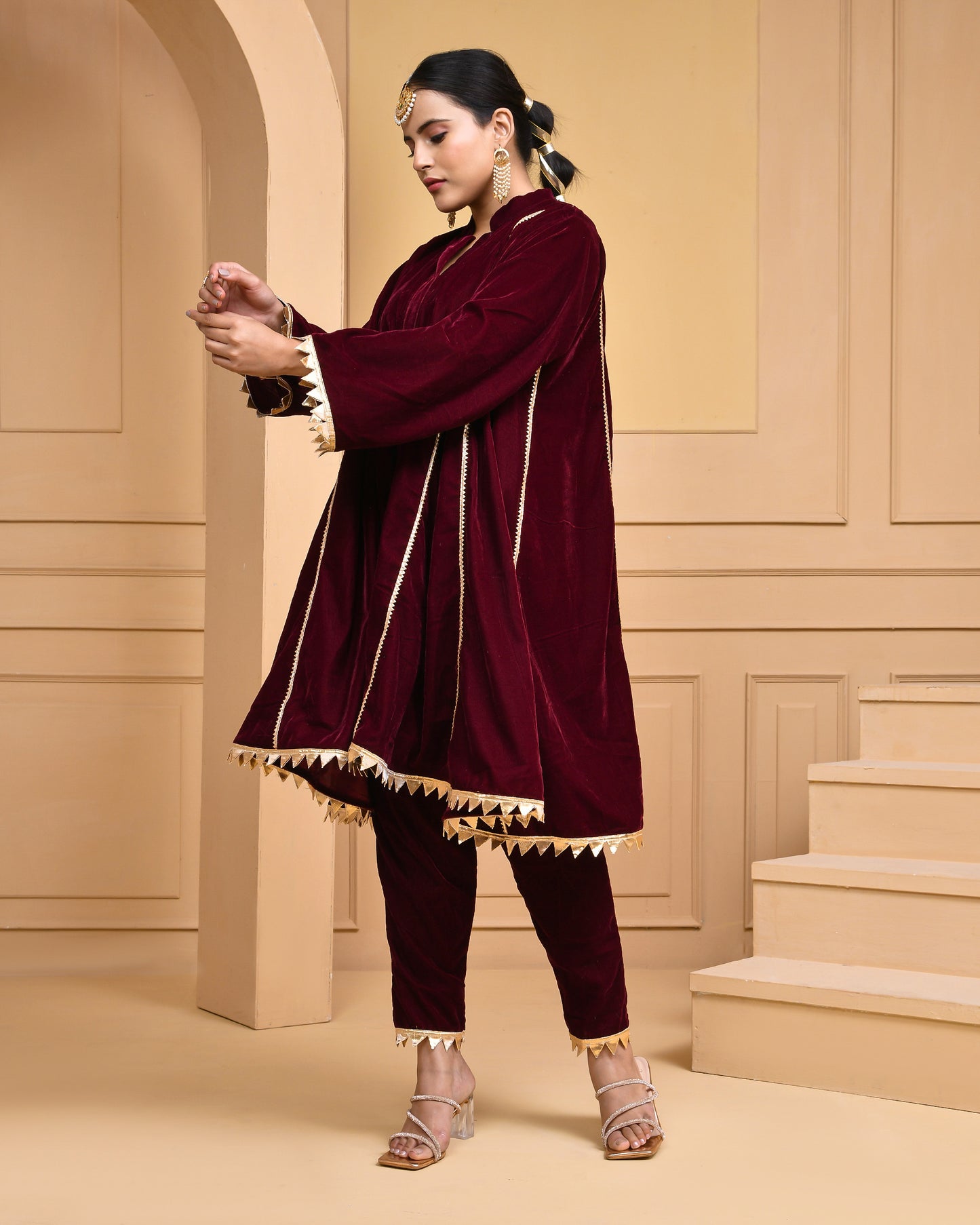 Wine Velvet Gota Embellished Kurta Set