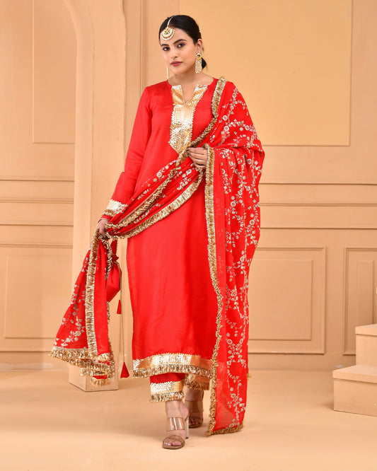 Red Upadda Silk Sangeet Suit Set