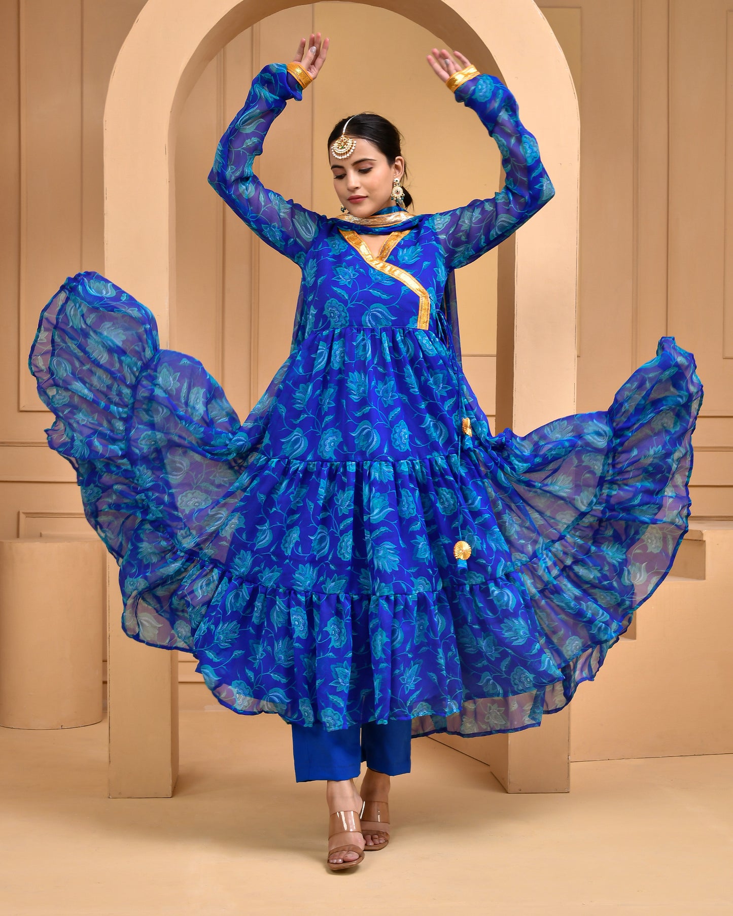 Blue Printed Chiffon Designer Anarkali  Set