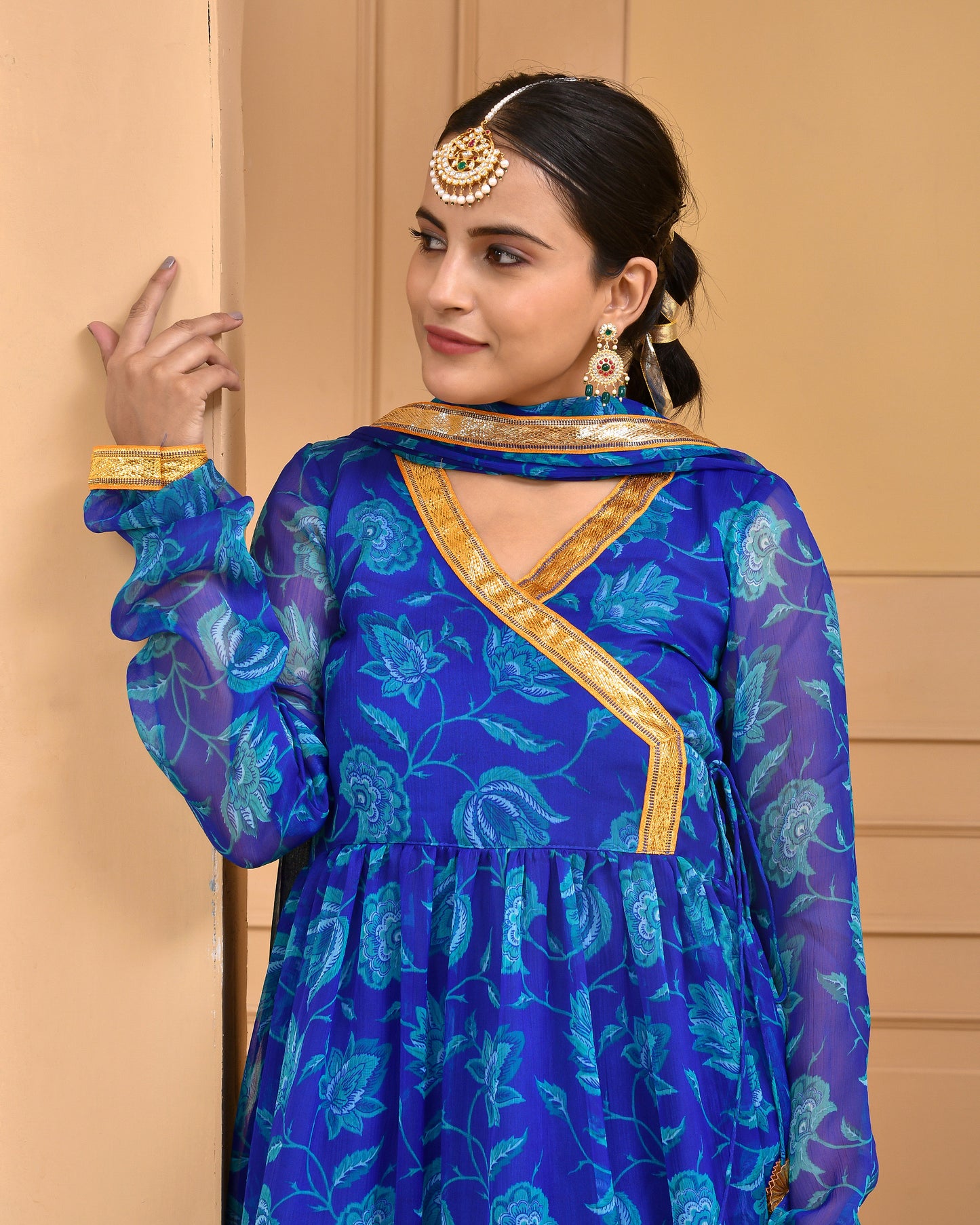 Blue Printed Chiffon Designer Anarkali  Set