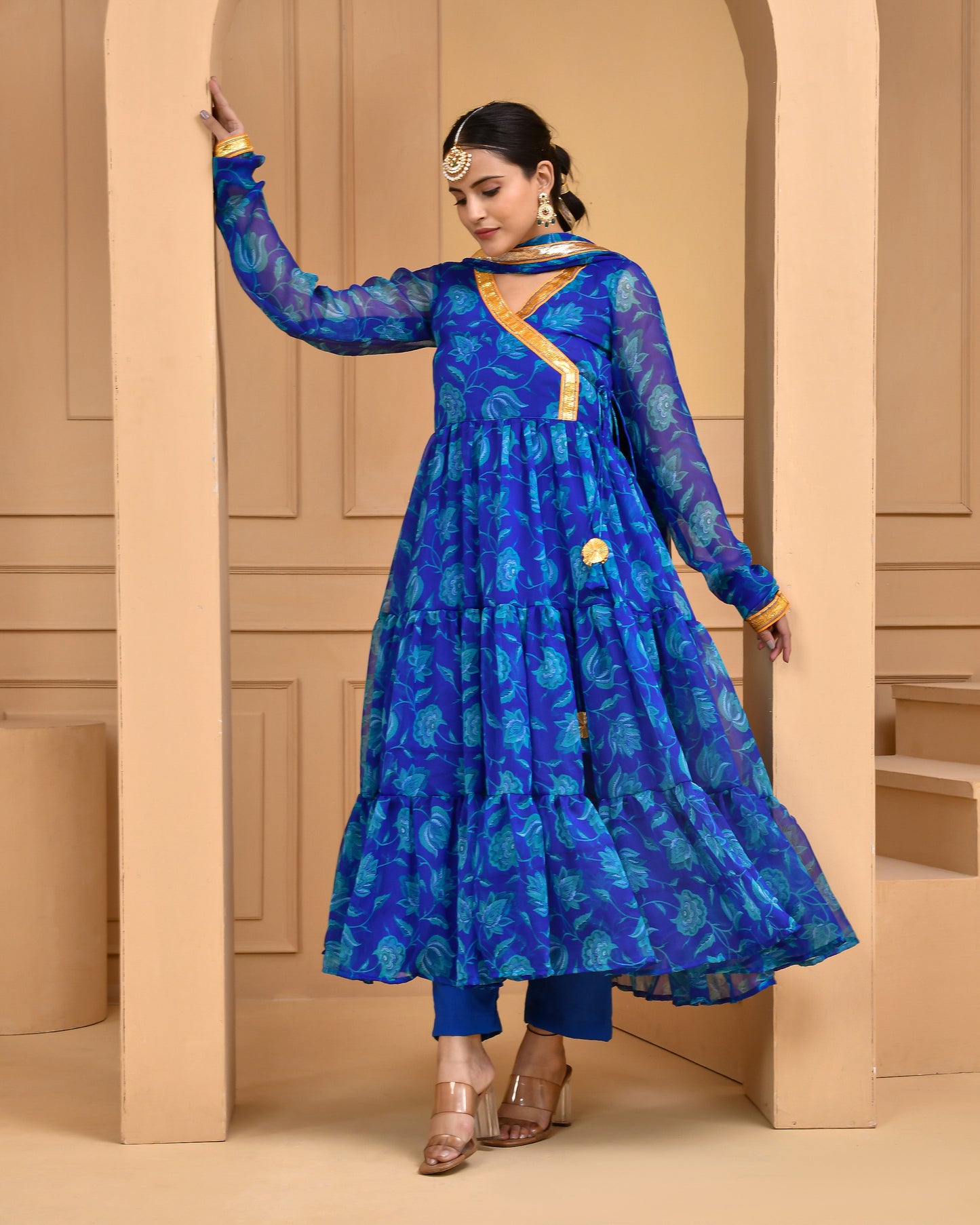 Blue Printed Chiffon Designer Anarkali  Set