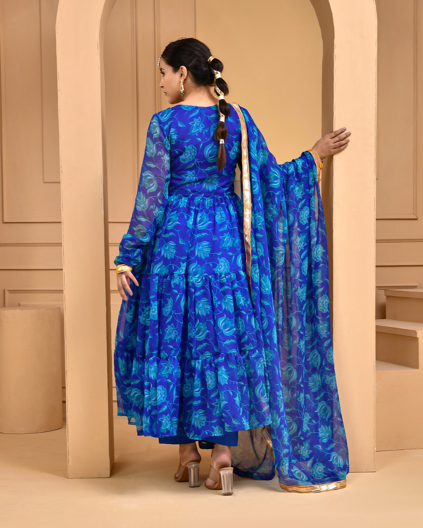 Blue Printed Chiffon Designer Anarkali  Set